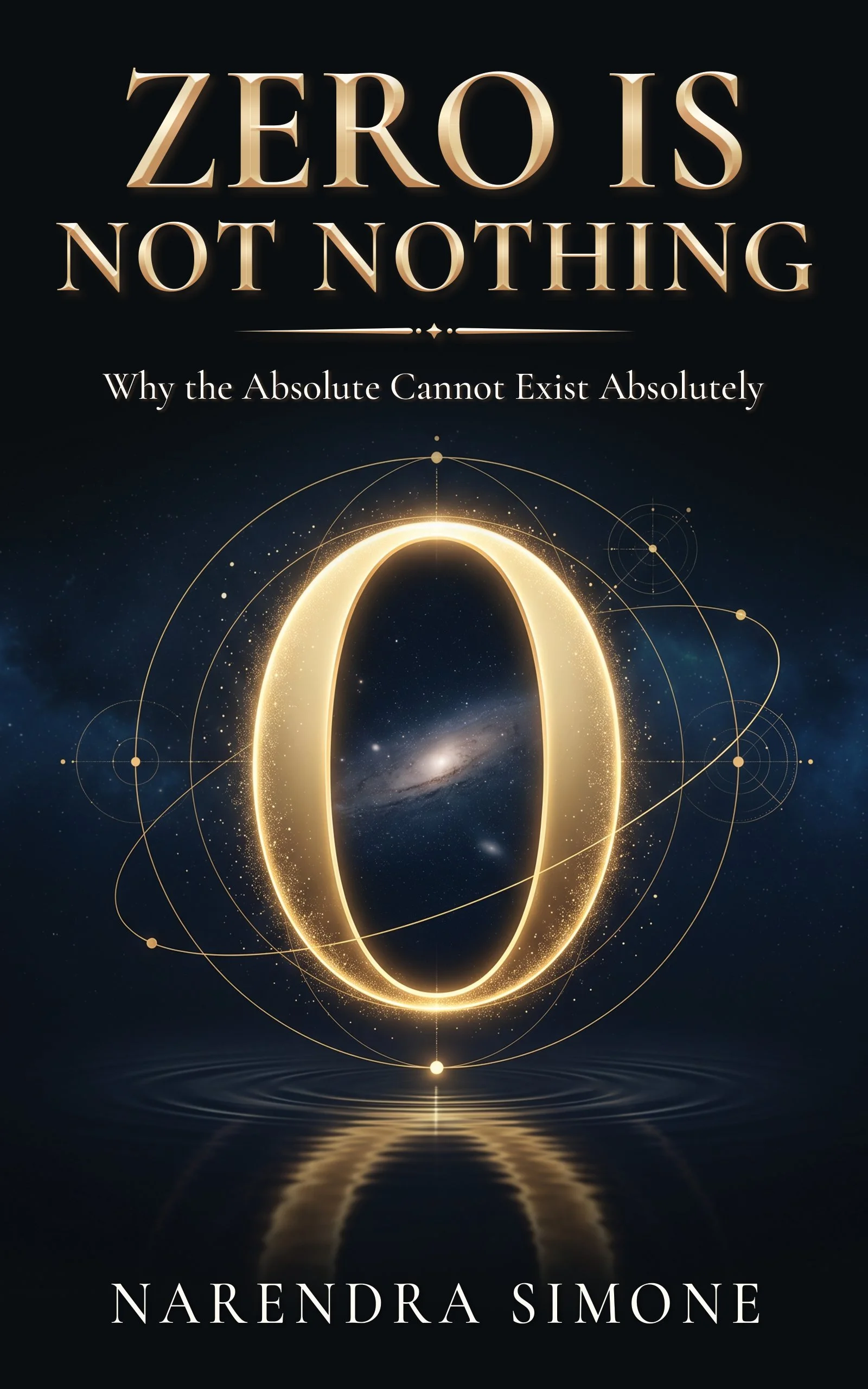 Book cover titled 'Zero is Nothing' by Narendra Simone with a cosmic design featuring a large golden zero surrounded by orbiting lines and celestial objects against a dark background.