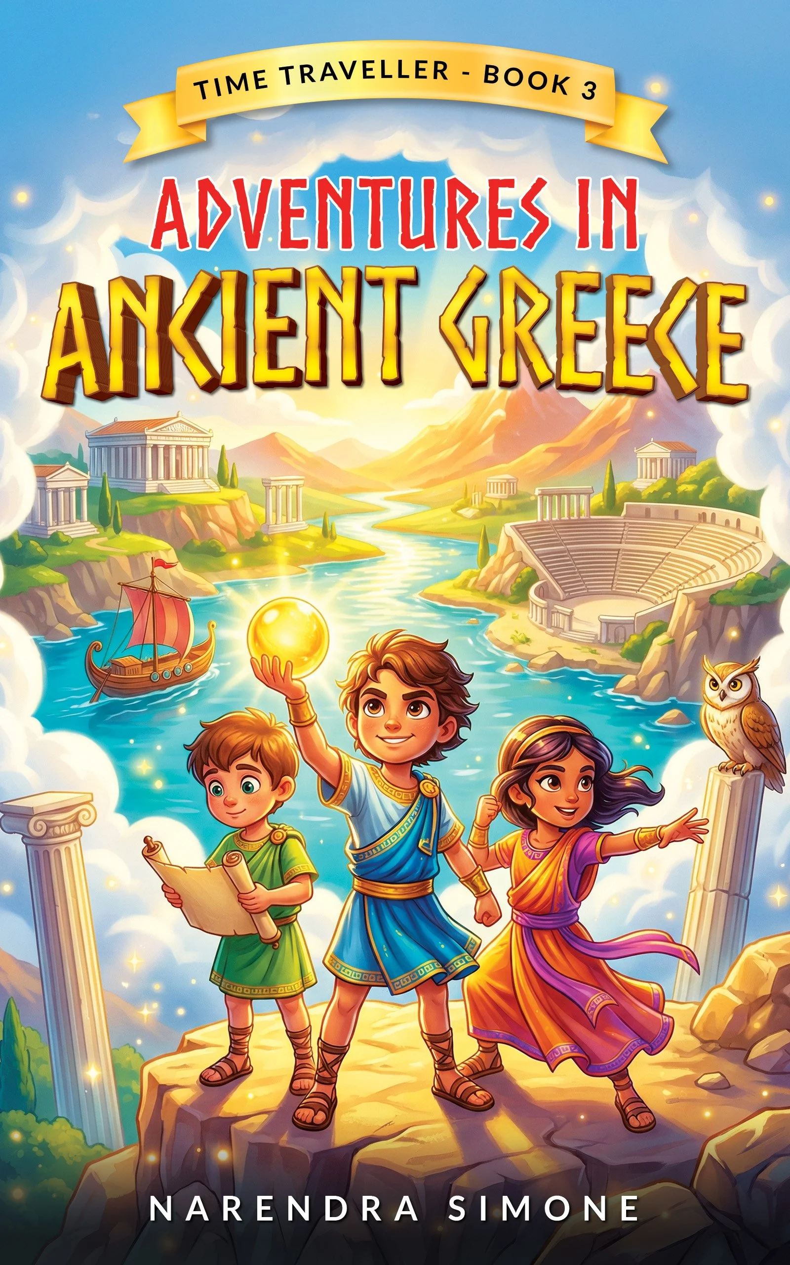 Children dressed as ancient Greeks standing on a cliff with ruins, a river, mountains, and a cloudy sky in the background, for a book cover titled 'Adventures in Ancient Greece' by Narendra Simone.