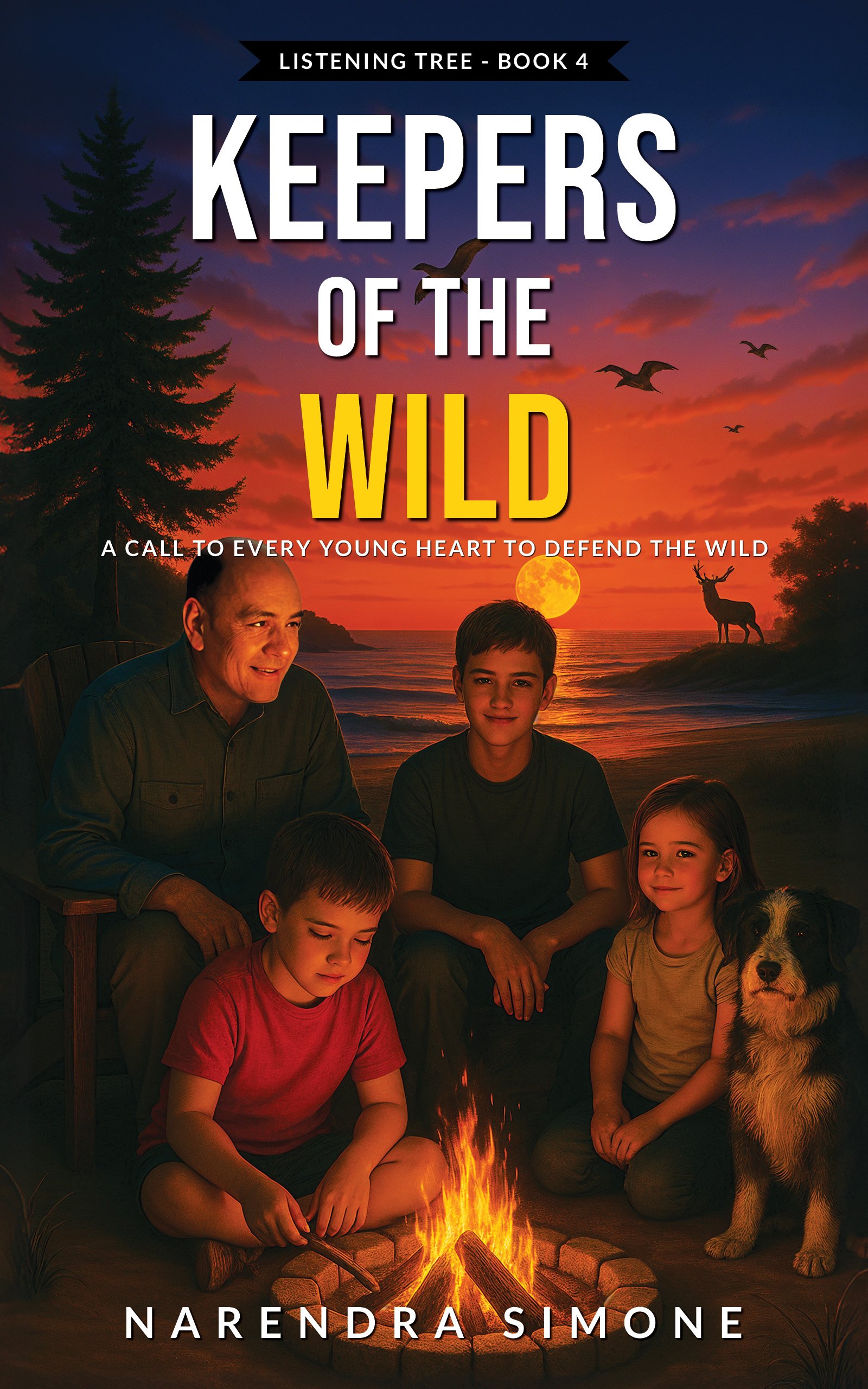 Book cover for "Keepers of the Wild" showing a family sitting by a campfire at sunset with trees and birds in the sky, and a dog beside them.