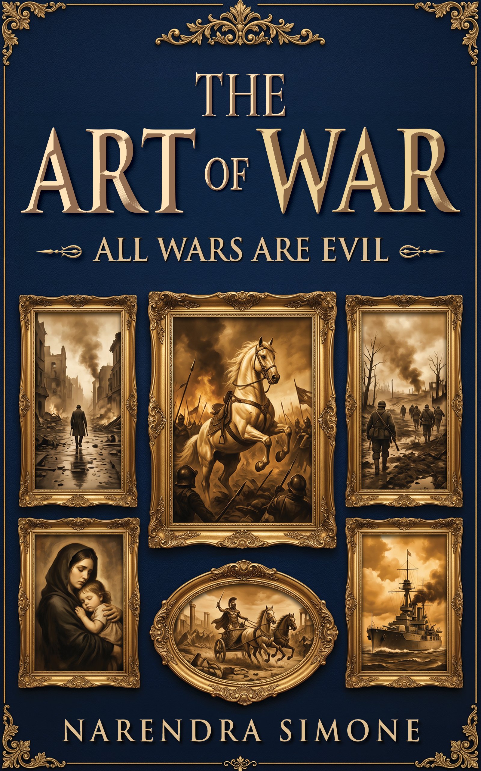 Book cover titled "The Art of War" by Narendra Simone, with a dark blue background and gold ornate frames around sepia-toned World War illustrations, including soldiers, war scenes, and ships.