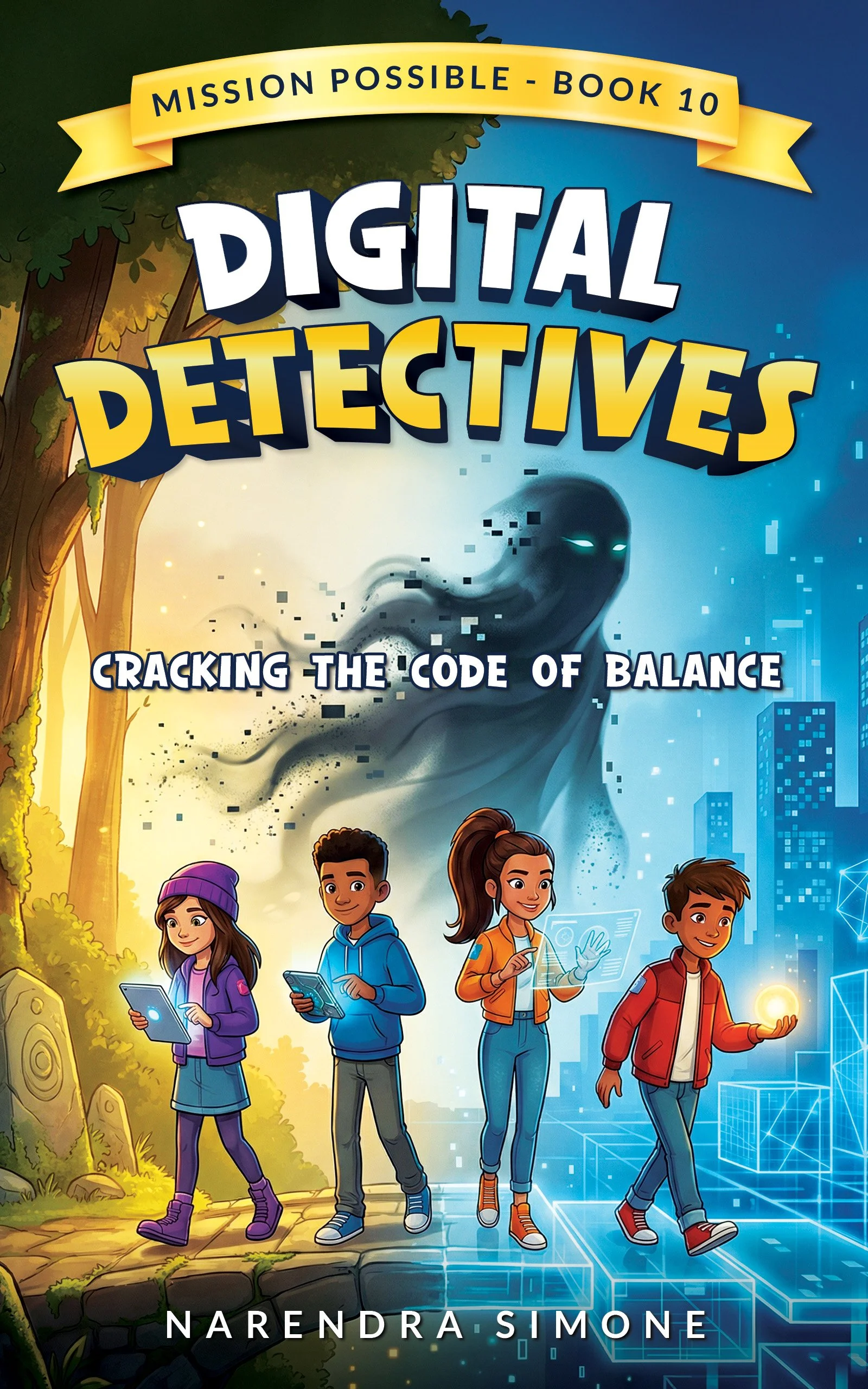 Book cover for 'Digital Detectives: Cracking the Code of Balance' by Narendra Simone, featuring four children with electronic devices exploring two contrasting environments, a forest and a digital cityscape, with a ghostly digital entity in the background.