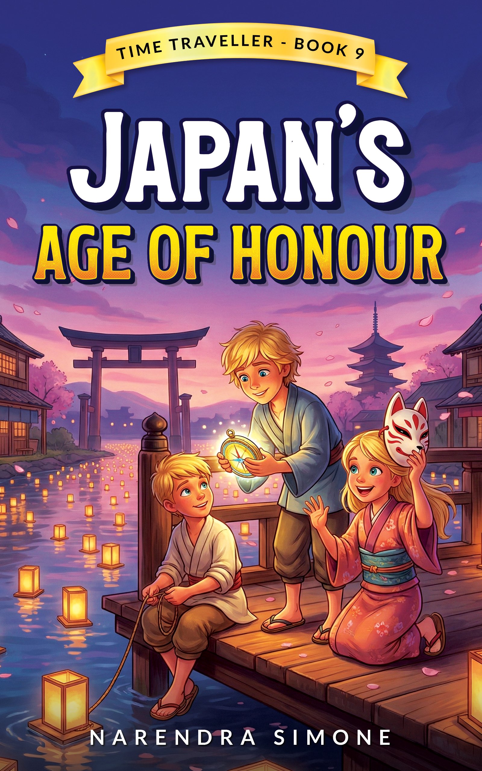 Book cover for 'Japan's Age of Honour' by Narendra Simone, featuring an illustration of children in traditional Japanese clothing on a riverbank at sunset, surrounded by paper lanterns, a torii gate, and traditional buildings, with cherry blossom petals in the sky.