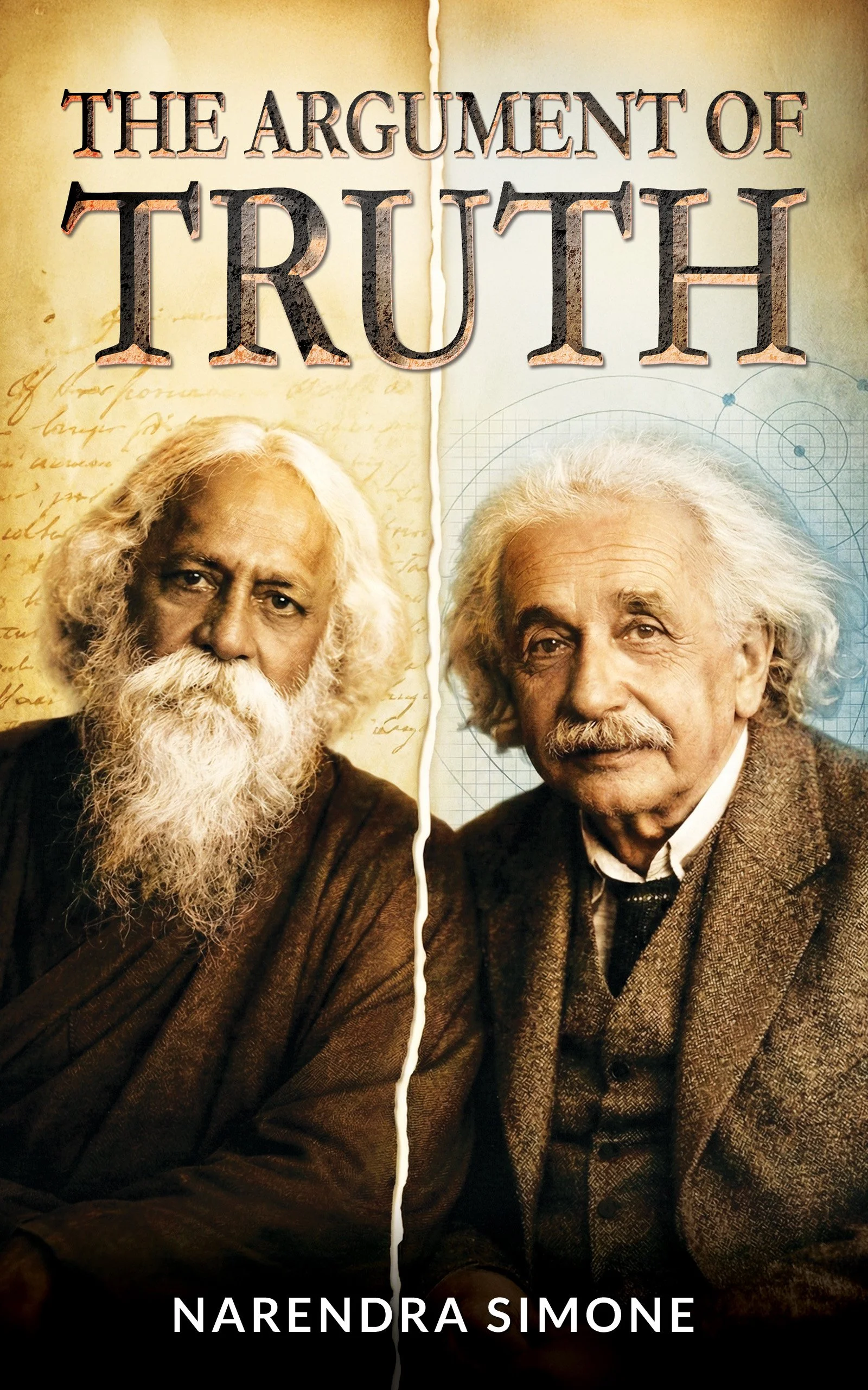 Book cover titled 'The Argument of Truth' with images of two elderly men, one with white curly hair and beard, the other with white wavy hair and mustache, dressed in brown jackets. The background features handwritten script on the left and a scientific graph on the right.