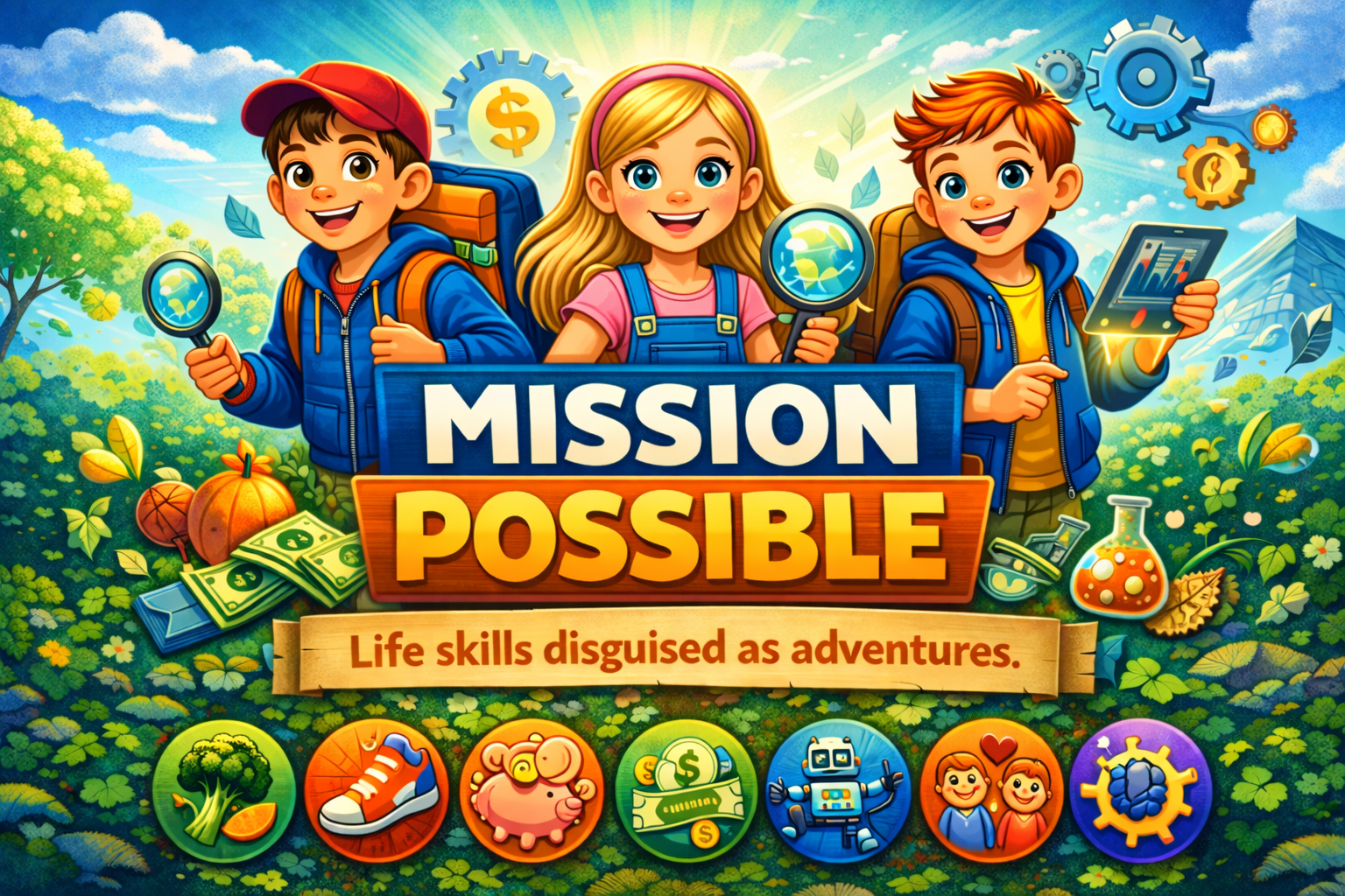 Colorful illustration featuring three children exploring nature with magnifying glasses, surrounded by pumpkins, leaves, money, a beaker, and gear icons. The text reads 'Mission Possible' with a subtitle 'Life skills disguised as adventures.' Six icons at the bottom depict nature, sports, money, robotics, friendship, and gears.