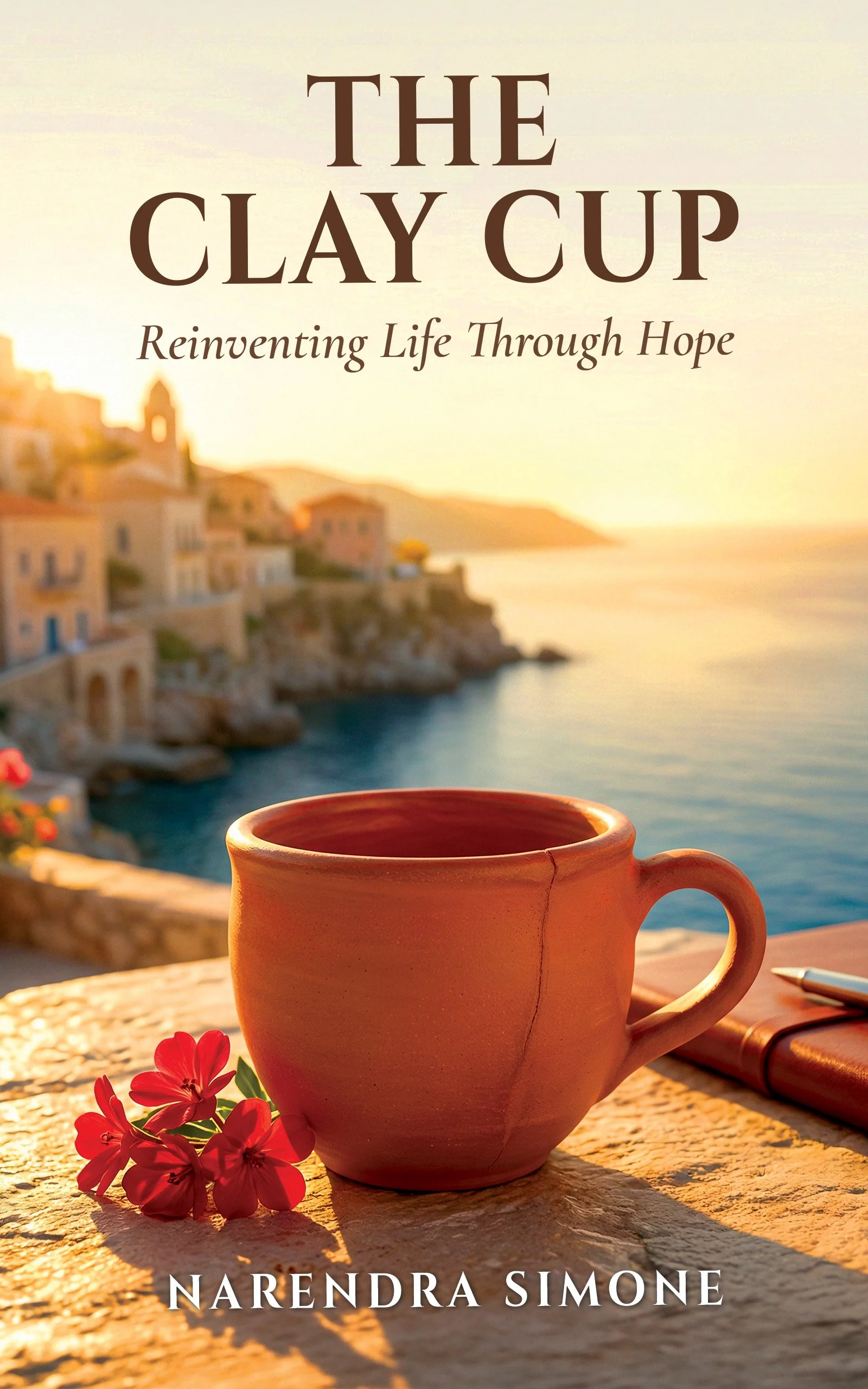Book cover titled 'The Clay Cup' with the subtitle 'Reinventing Life Through Hope'. The background shows a coastal scene with a clay mug on a table, red flowers, and a sunset over a Mediterranean village by the sea.
