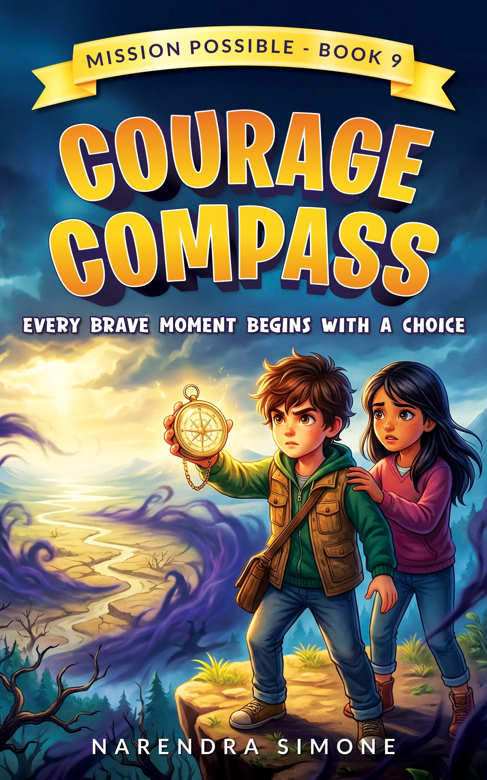 Book cover for 'Courage Compass' by Nareendra Simone. The cover features a boy and girl standing on a rocky ledge in a fantasy landscape with a winding river and dark, twisted trees. The boy holds a compass, and the sky is stormy with dark clouds.