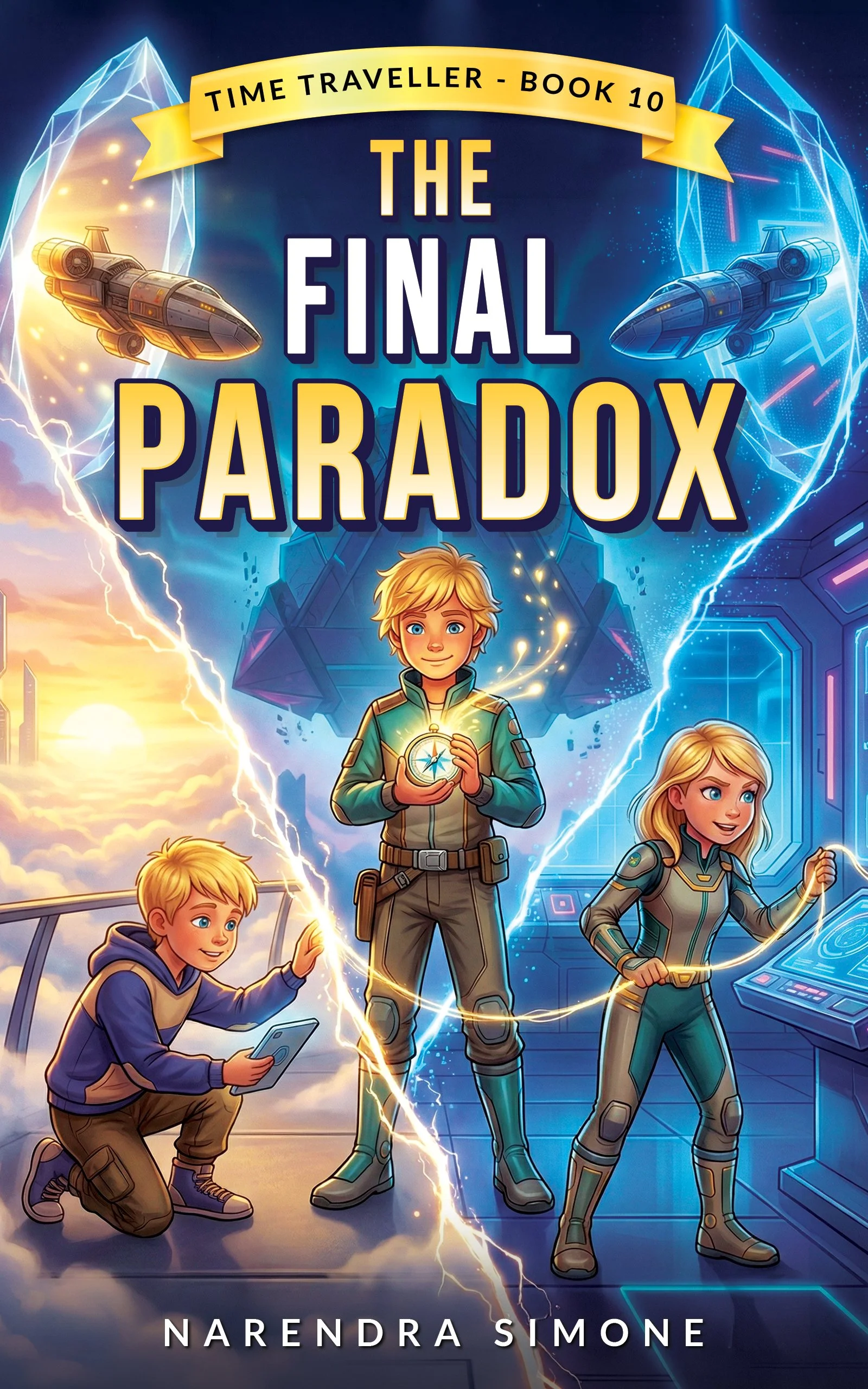 Book cover for 'The Final Paradox' by Narendra Simone, featuring children in futuristic space suits, a spaceship, and lightning effects.