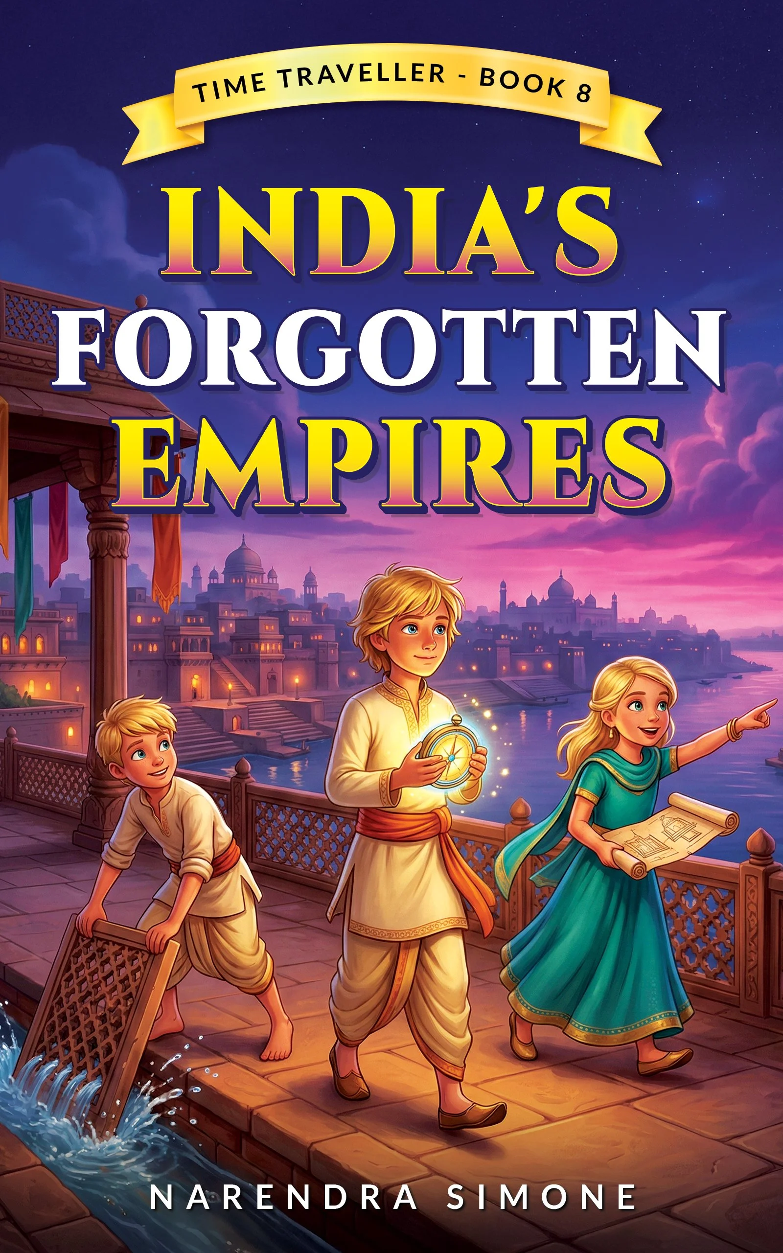 Book cover for 'India's Forgotten Empires,' volume 8 of 'Time Traveller' series, showing children in traditional Indian attire exploring an ancient city at sunset with domes and minarets in the background.