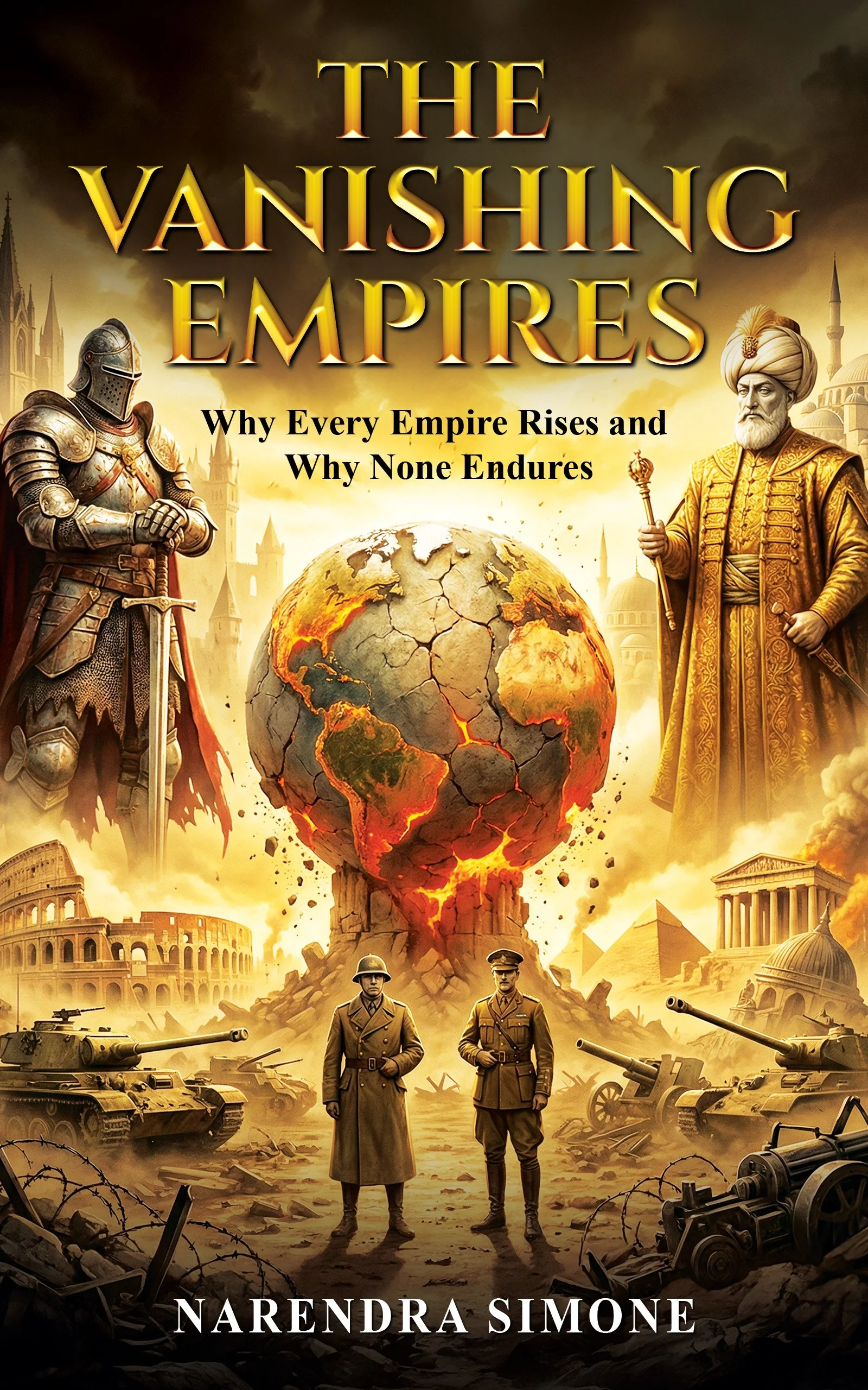 Book cover for 'The Vanishing Empires' by Narendra Simone, depicting a ruined world with a cracked globe erupting with fire, flanked by historical figures and military tanks amidst ruins.