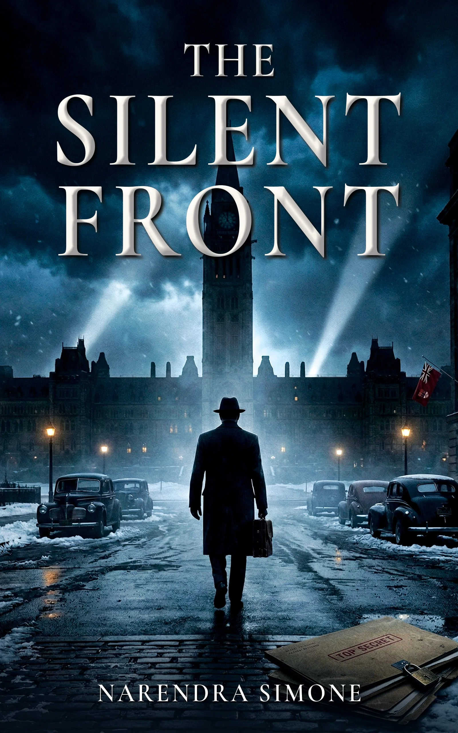 A person in a suit and hat walking towards Big Ben in Westminster, London at night, carrying a briefcase, with cars parked on a snowy street, and a top secret file on the ground in the foreground.