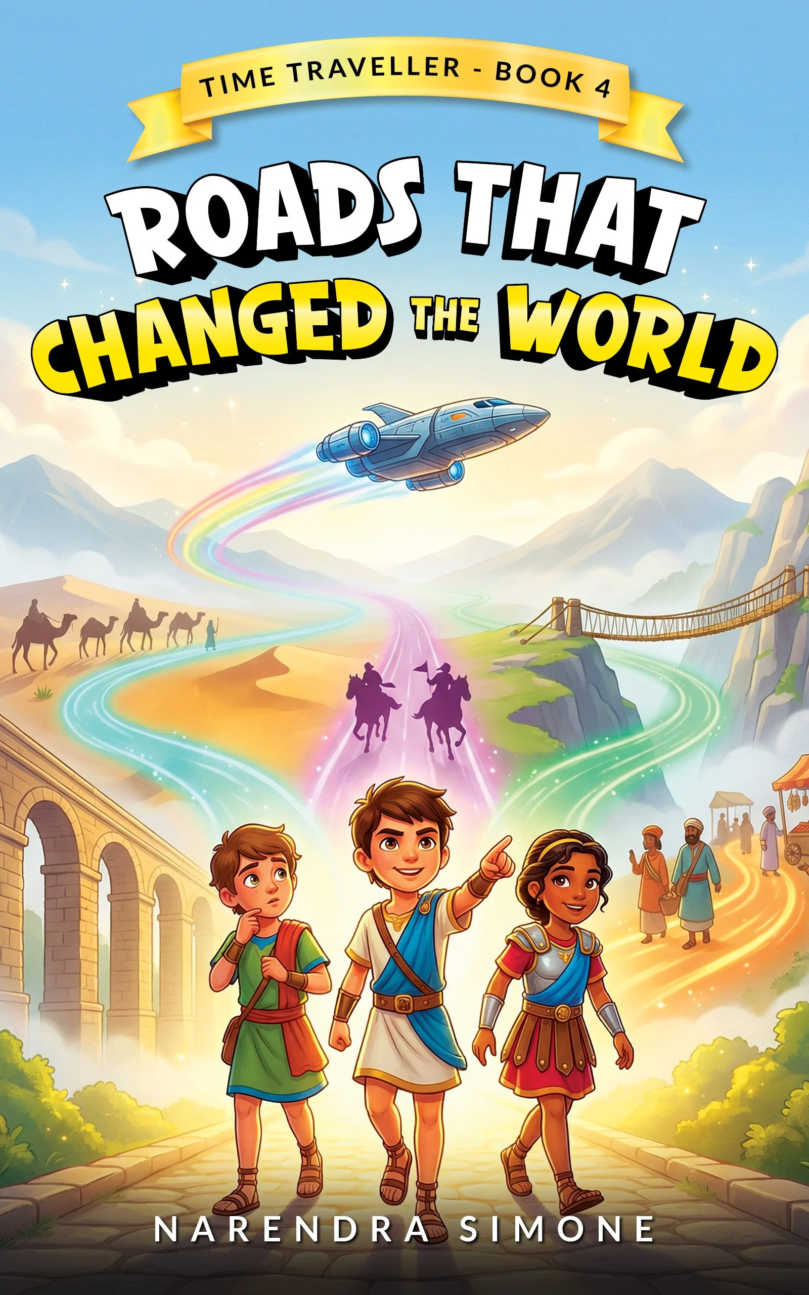 Book cover for 'Roads That Changed the World, Book 4' by Narendra Simone, featuring three children dressed in ancient attire walking on a stone path, with a background scene of a rainbow-colored road, a spaceship, flying over mountains, a bridge, and camels with a caravan.