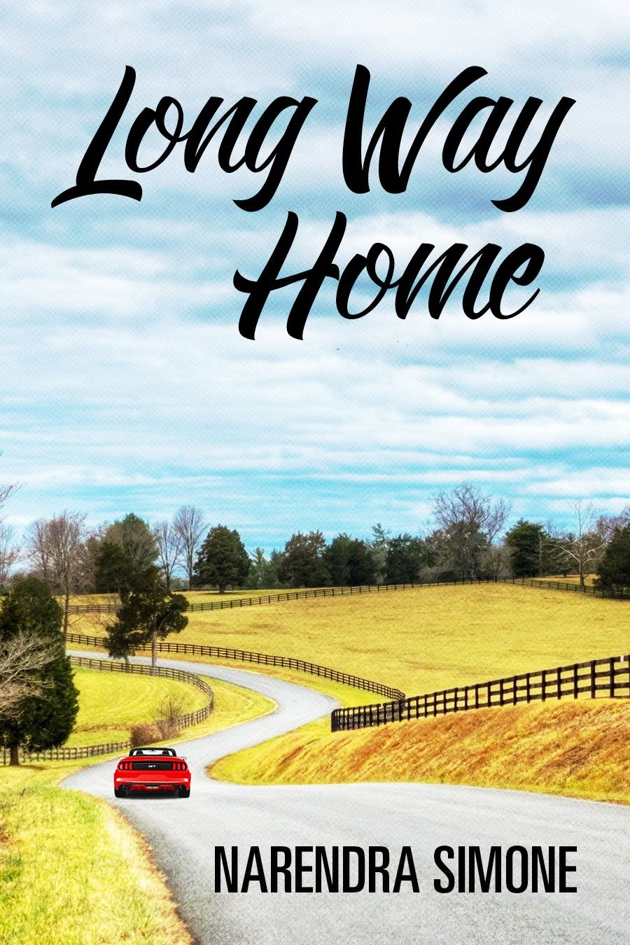 Book cover titled "Long Way Home" by Narendra Simone showing a winding country road with a red sports car driving through a rural landscape with fences and trees, under a cloudy sky.