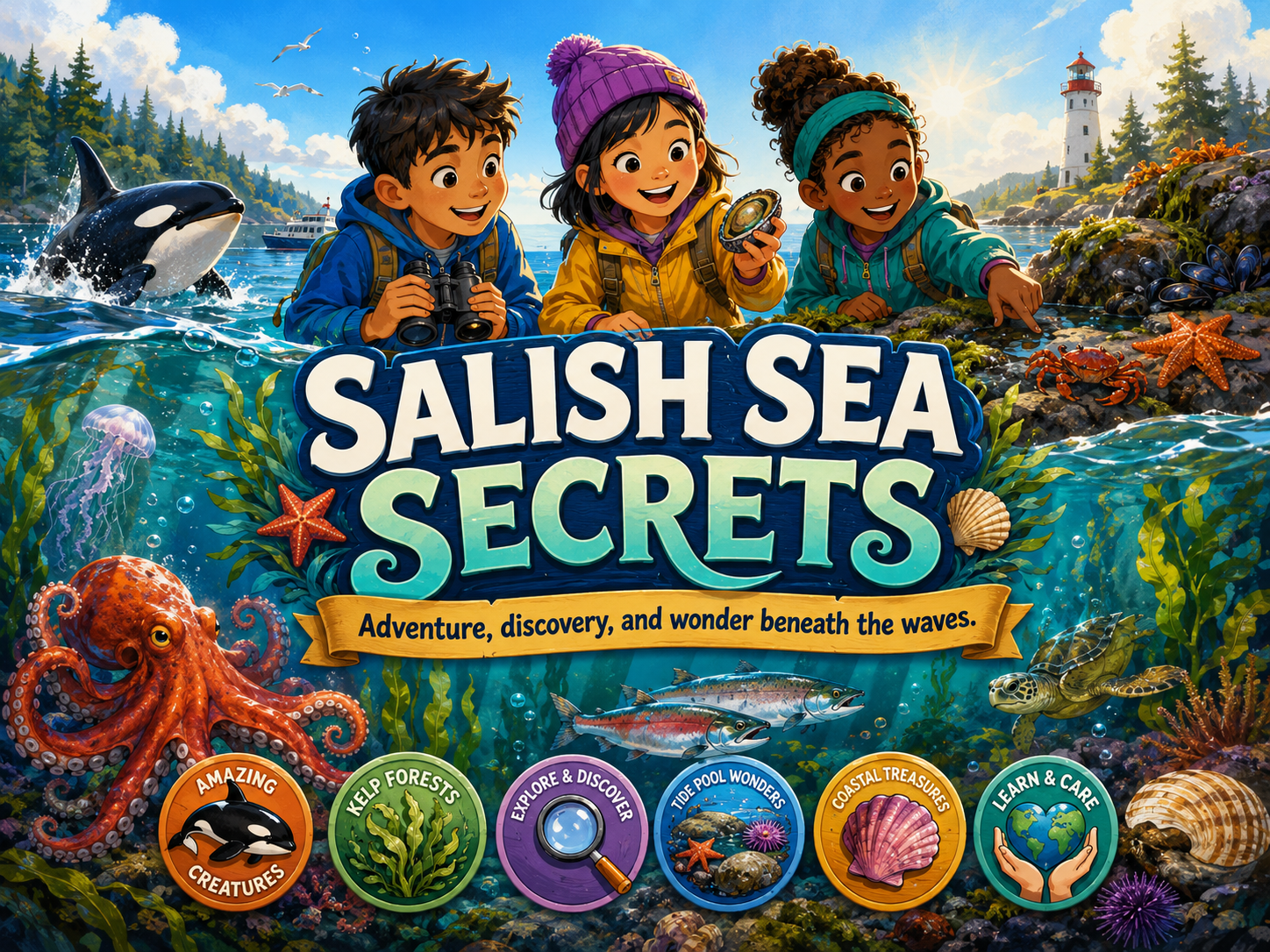 Children exploring tide pools and marine life along the shore, with a lighthouse, sailboats, and seagulls in the background on a sunny day. The cover features a large octopus, fish, a starfish, a crab, a turtle, a jellyfish, and seaweed, with logos highlighting marine creatures, kelp forests, tide pools, coastal treasures, and learning and care.
