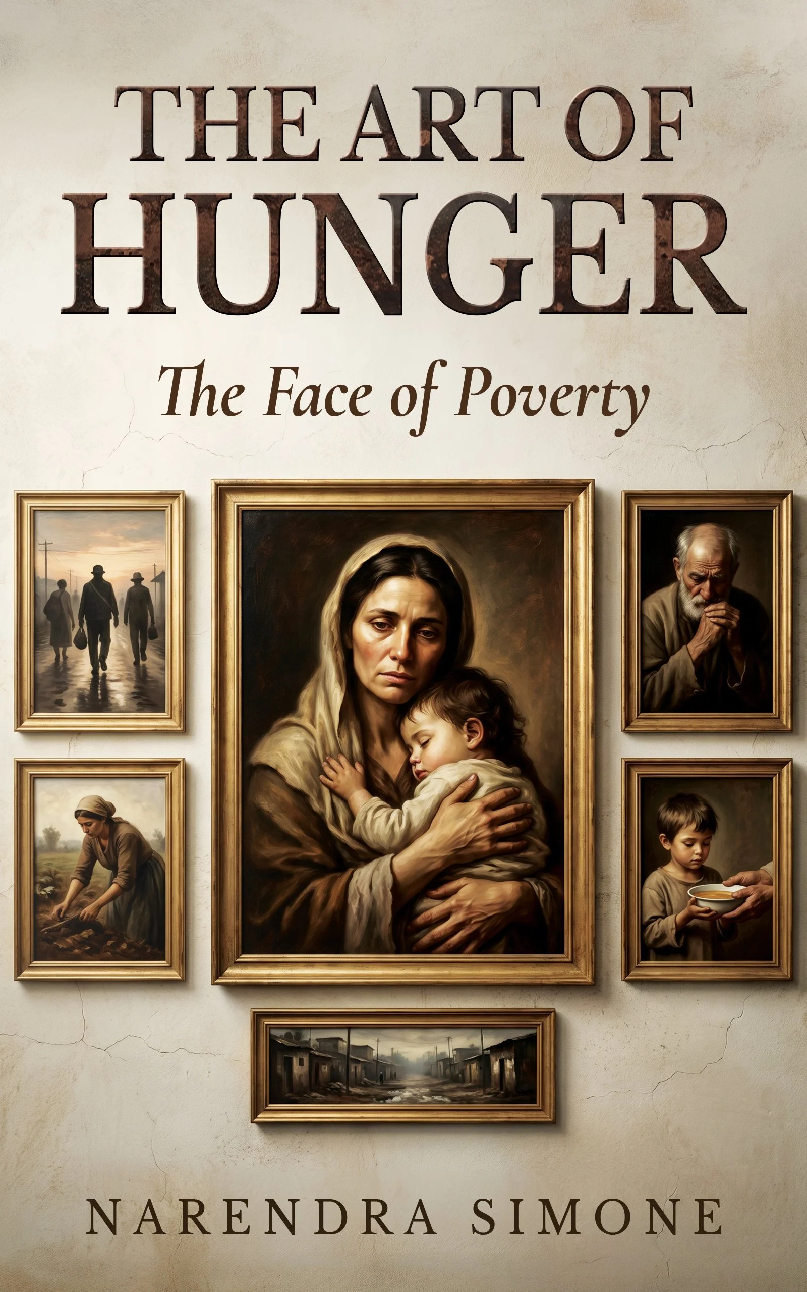 Book cover titled 'The Art of Hunger: The Face of Poverty' by Narendra Simone, featuring a central painting of a woman holding a child, surrounded by framed images depicting people in poverty and a rural scene.