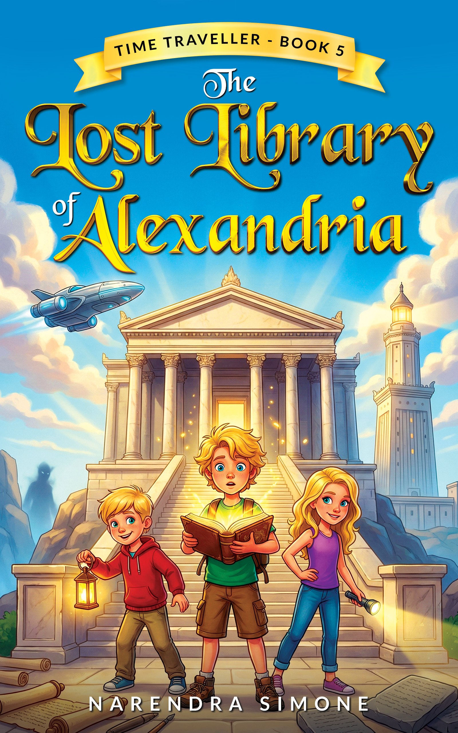 Three children standing on the steps of the Lost Library of Alexandria, with a large classical building in the background and a flying spaceship in the sky. The children are holding lanterns, a book, and a flashlight. The title reads 'The Lost Library of Alexandria' with a yellow banner at the top indicating it's book 5 in the Time Traveller series. The author's name, Nareendra Simone, is at the bottom.