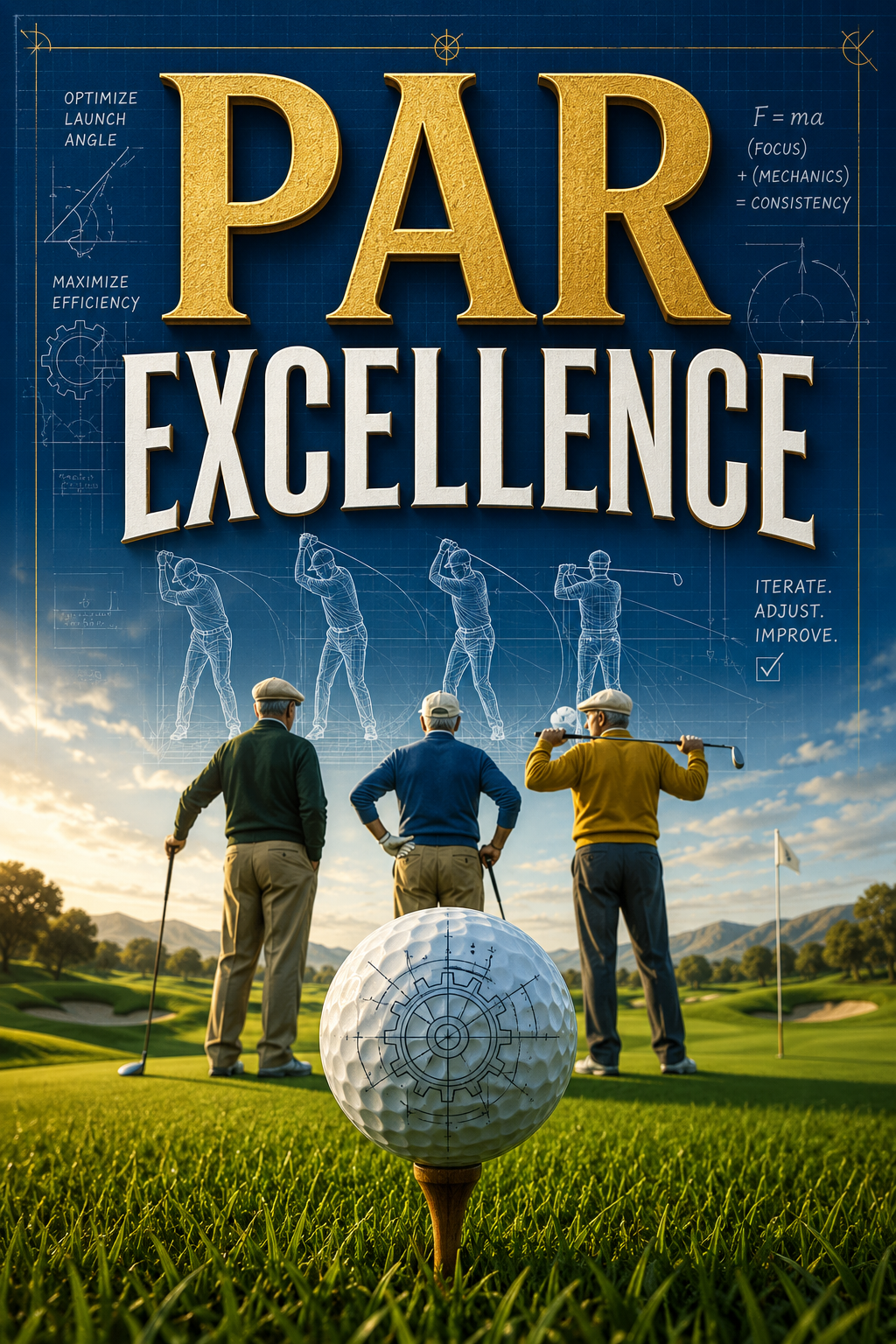 A group of golfers on a golf course with a large golf ball in the foreground, and a motivational graphic overlay with the words 'PAR EXCELLENCE' in gold and white lettering, along with illustrations of golf swings, blueprints, and physics diagrams.