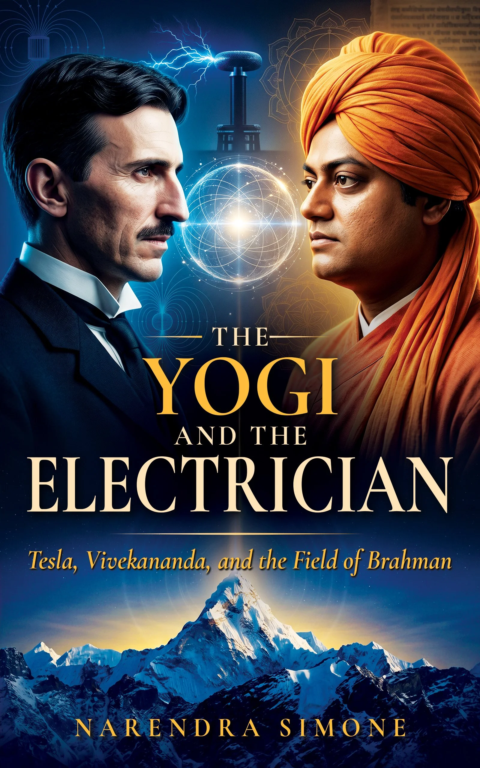 Book cover titled 'The Yogi and the Electrician: Tesla, Vivekananda, and the Field of Brahman' by Narendra Simone, featuring images of a man in a suit with a mustache and a woman in traditional Indian attire with a turban, with a mountain landscape at the bottom and scientific illustrations in the background.