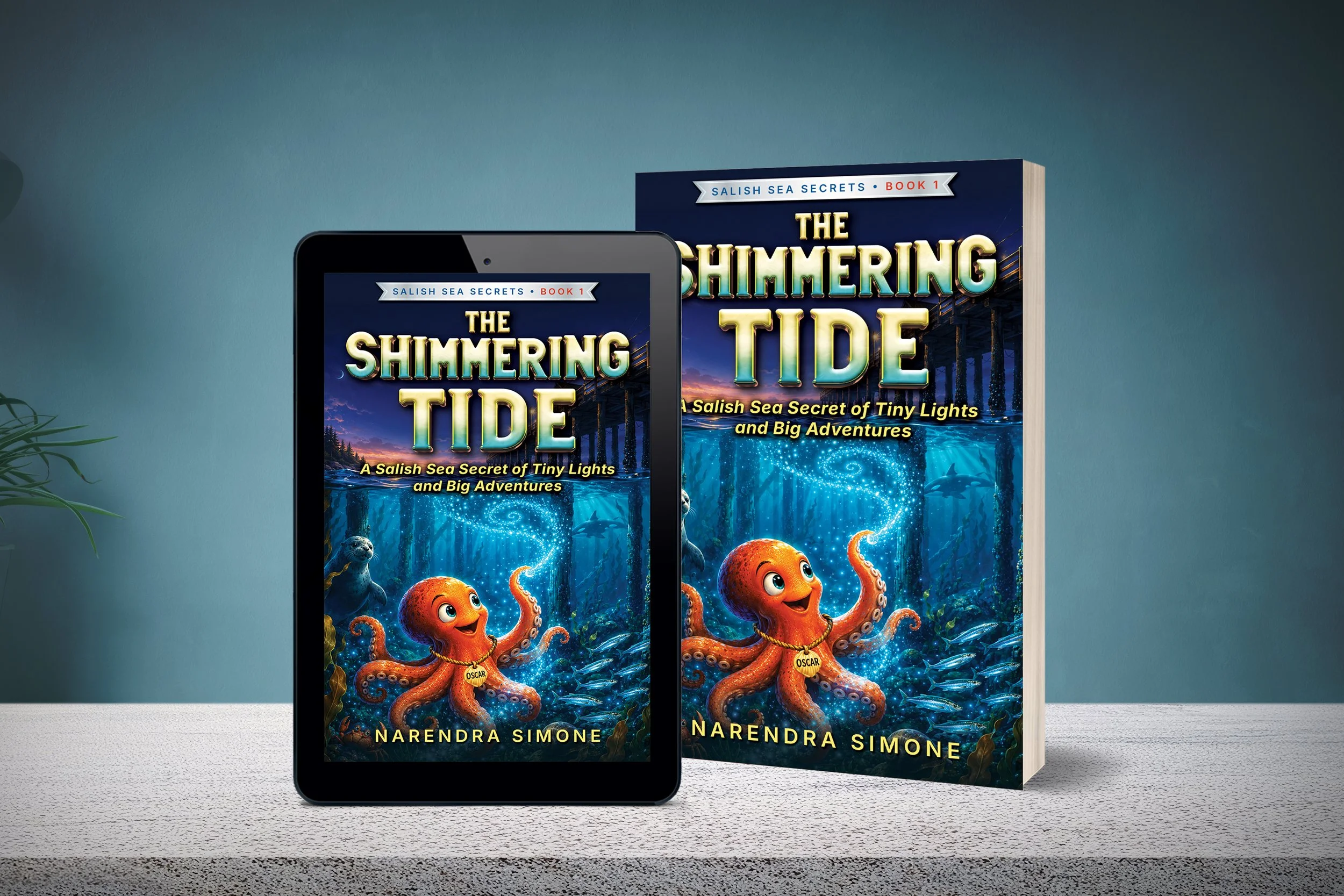 The image shows a book titled 'The Shimmering Tide' by Narendra Simone, displayed alongside a digital realistic illustration of an underwater scene with animated octopuses and other sea creatures, emphasizing a seascape theme.