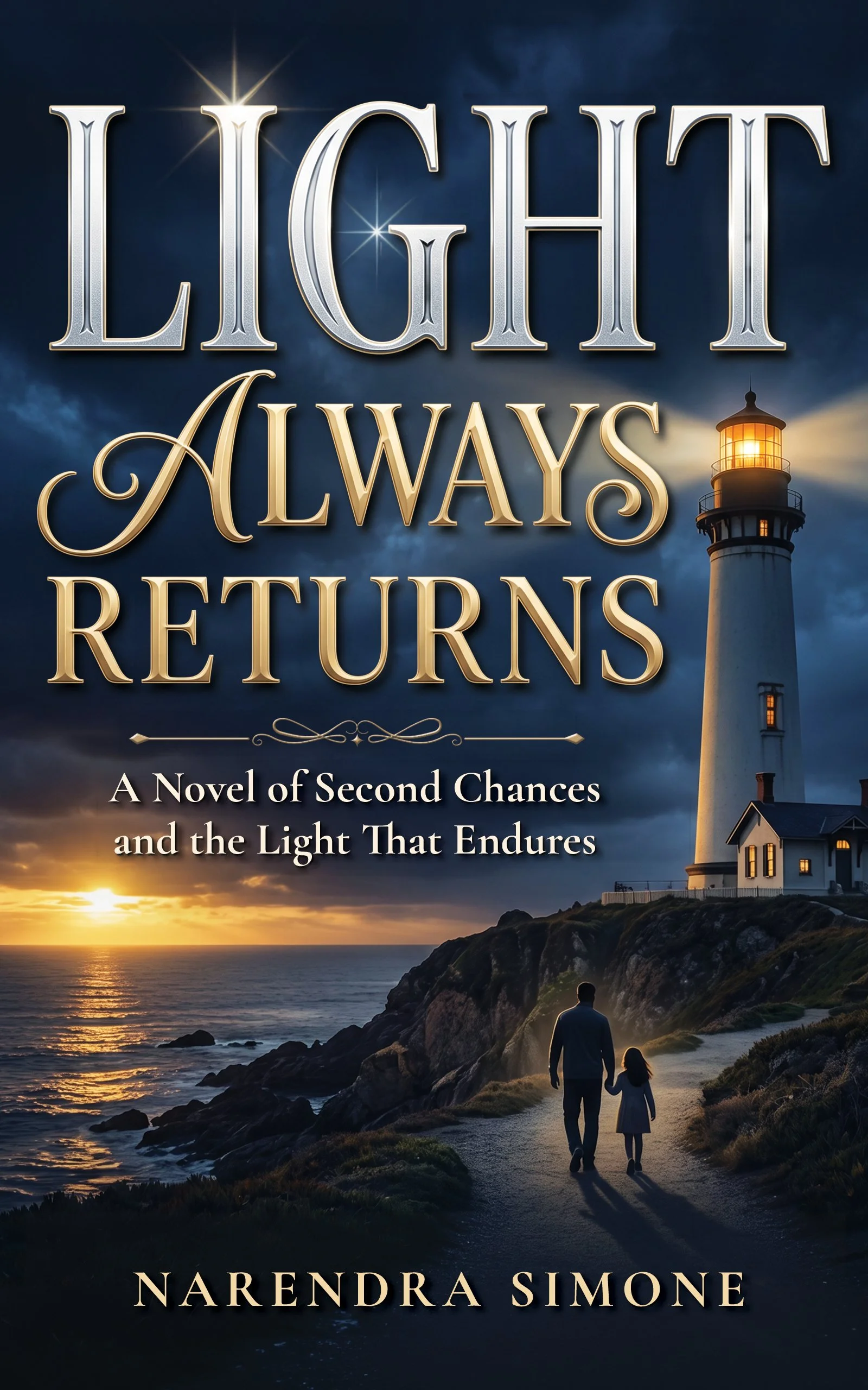 Book cover titled "Light Always Returns" by Narendra Simone. The cover features a lighthouse on a cliff overlooking the ocean at sunset, with a person and a child walking along a path.