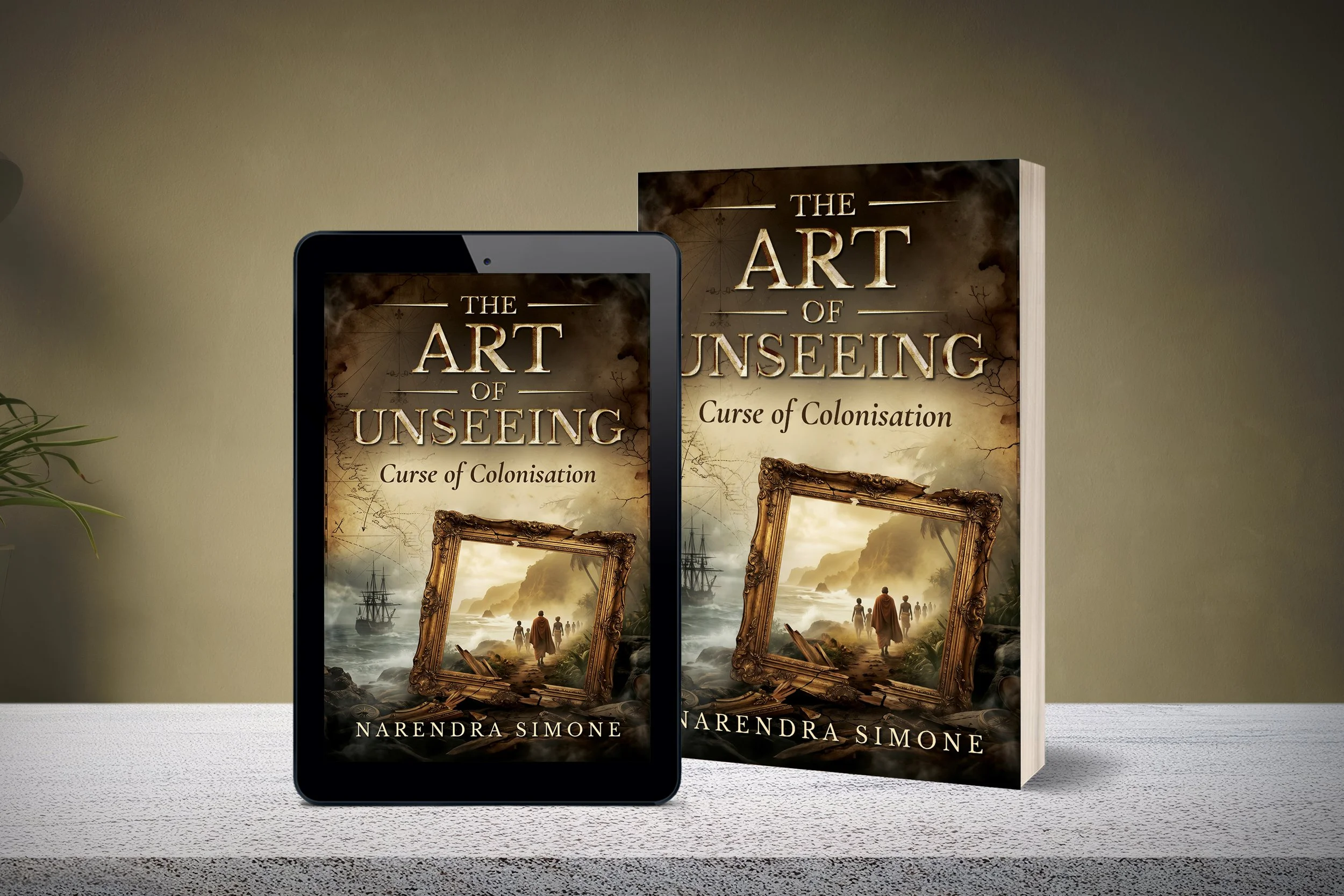 Cover of the book titled 'The Art of Unseeing: Curse of Colonisation' by Narendra Simone, displayed on a table next to a smartphone showing the same book cover.