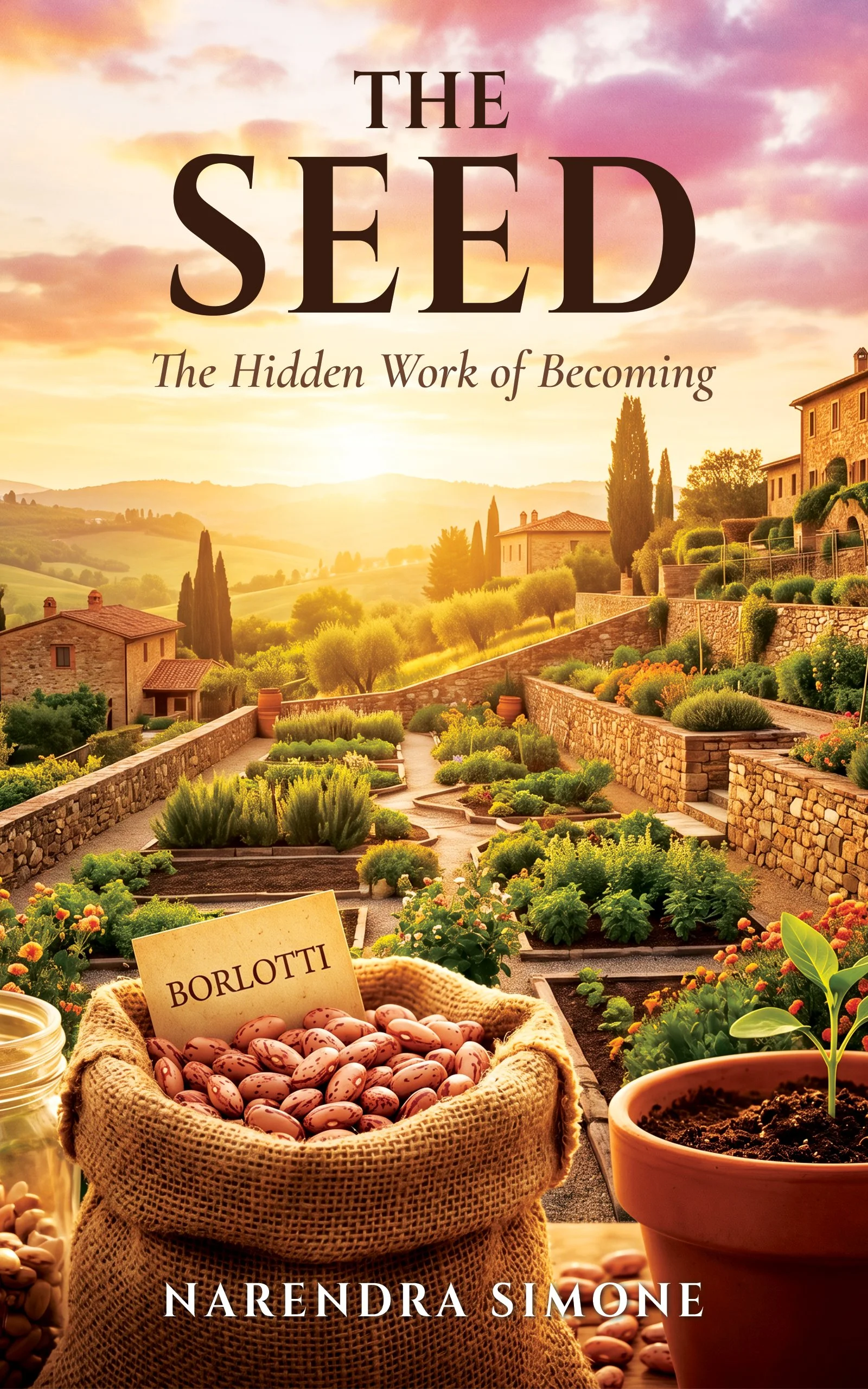 Book cover titled 'The Seed, The Hidden Work of Becoming' by Narendra Simone, featuring a scenic landscape of rolling hills, houses, trees, and a garden with potted plants and beans labeled 'Borlotti' in a burlap sack, during sunrise or sunset.
