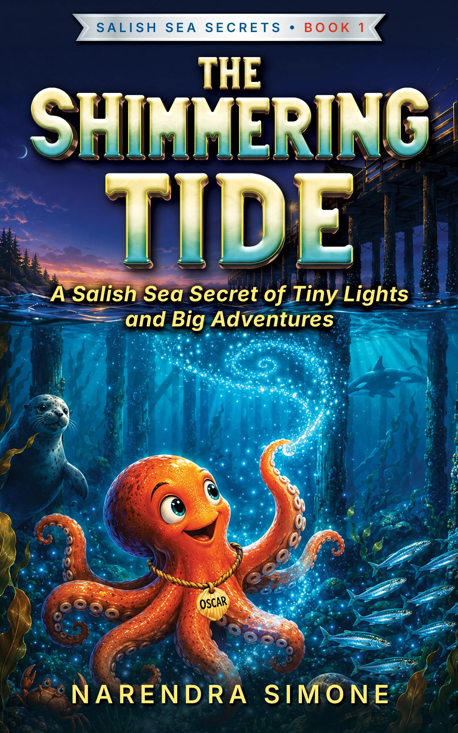 Colorful cover of the book titled "The Shimmering Tide: A Salish Sea Secret of Tiny Lights and Big Adventures" by Narendra Simone. The cover features animated marine animals, including an octopus with a gold necklace and an "Oscar" tag, a dolphin, a crab, and a small fish, all set against an underwater scene with a pier and a sunset sky.