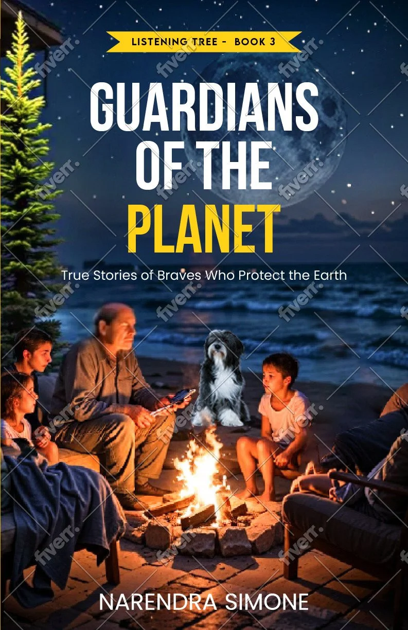 Book cover titled "Guardians of the Planet" with a subtitle "True Stories of Brave Who Protect the Earth". The cover features a nighttime scene with a family sitting around a campfire on the beach, with a dog beside them, a large tree on the left, and the moon in the sky.