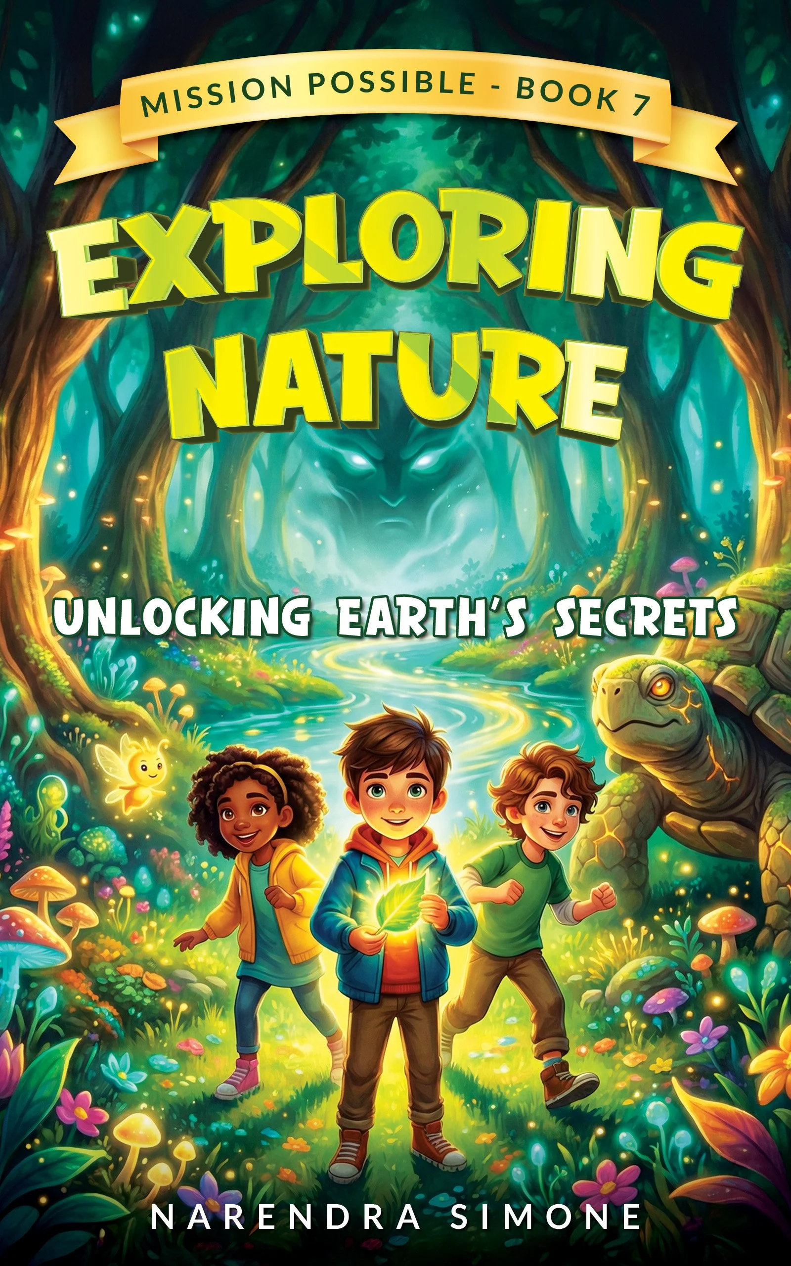 Colorful illustrated book cover for 'Exploring Nature' by Narendra Simone, featuring children walking through an enchanted forest, glowing fungi, a mystical tree, a small fairy, and a wise-looking turtle, with lush greenery and vibrant flowers.