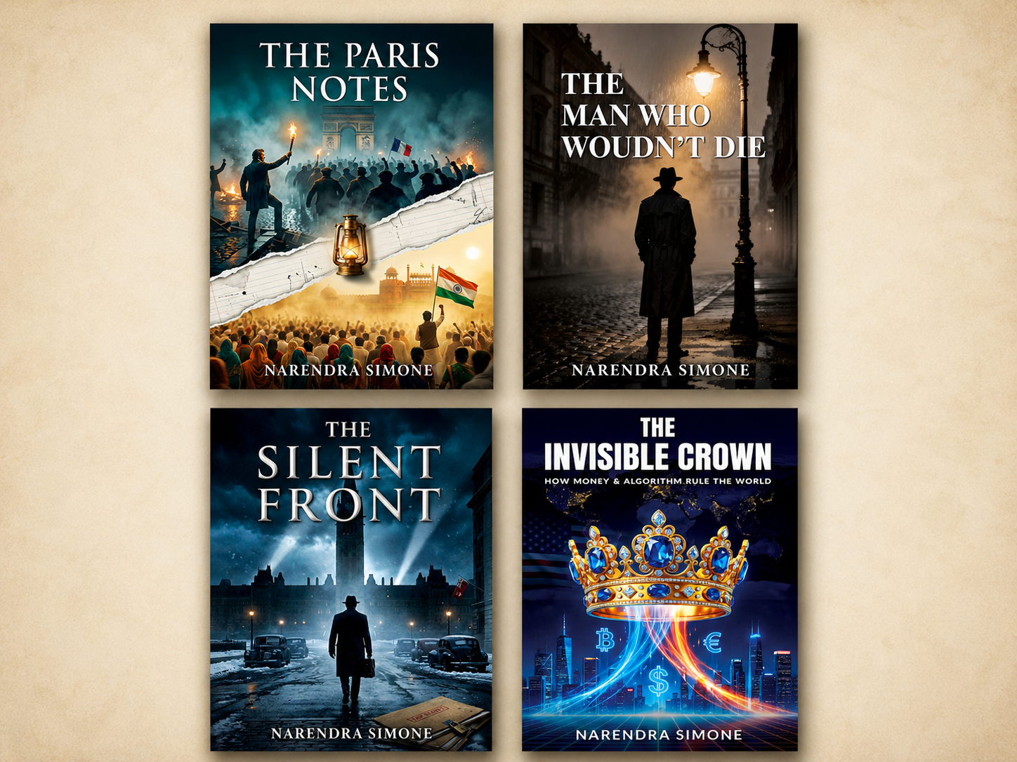 Collection of four book covers by Narendra Simone. The first book cover features a protest scene with people holding flags, a torch, and a lantern, titled "The Paris Notes." The second cover shows a person in a trench coat with a hat standing under a streetlamp on a foggy street, titled "The Man Who Wouldn't Die." The third cover depicts a man walking on a street at night with a dark sky and Battle of Britain airplanes in the background, titled "The Silent Front." The fourth cover shows a digital illustration of a crown with cryptocurrency symbols and city skyline, titled "The Invisible Crown".