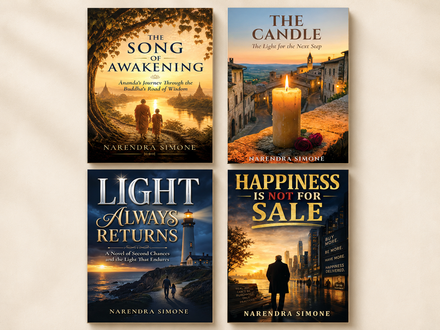 Collection of four book covers arranged in a 2x2 grid. The top left cover titled "The Song of Awakening" features two monks walking along a riverbank at sunset. The top right cover titled "The Candle" shows a lit candle and roses on a stone wall at sunset with a village in the background. The bottom left cover titled "Light Always Returns" depicts a lighthouse near the ocean with a couple walking on the beach during sunset. The bottom right cover titled "Happiness is Not for Sale" shows a man standing on a city street at sunset with tall buildings and a billboard.