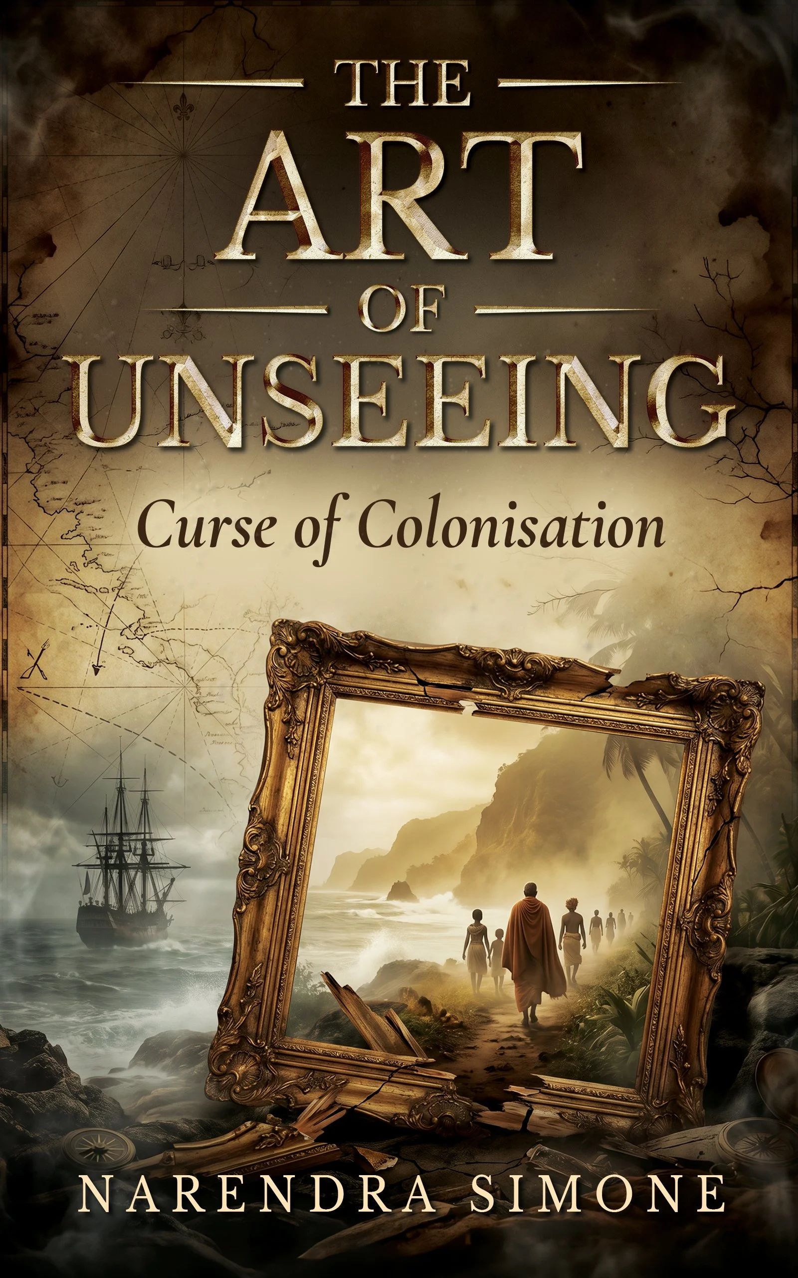 Book cover for 'The Art of Unseeking: Curse of Colonisation' by Narendra Simone. Features a broken, ornate picture frame leaning on rocks, revealing a scene of people walking along a coast with a ship and mountains in the background. The cover has a dark, antique style with a weathered map and compass elements.