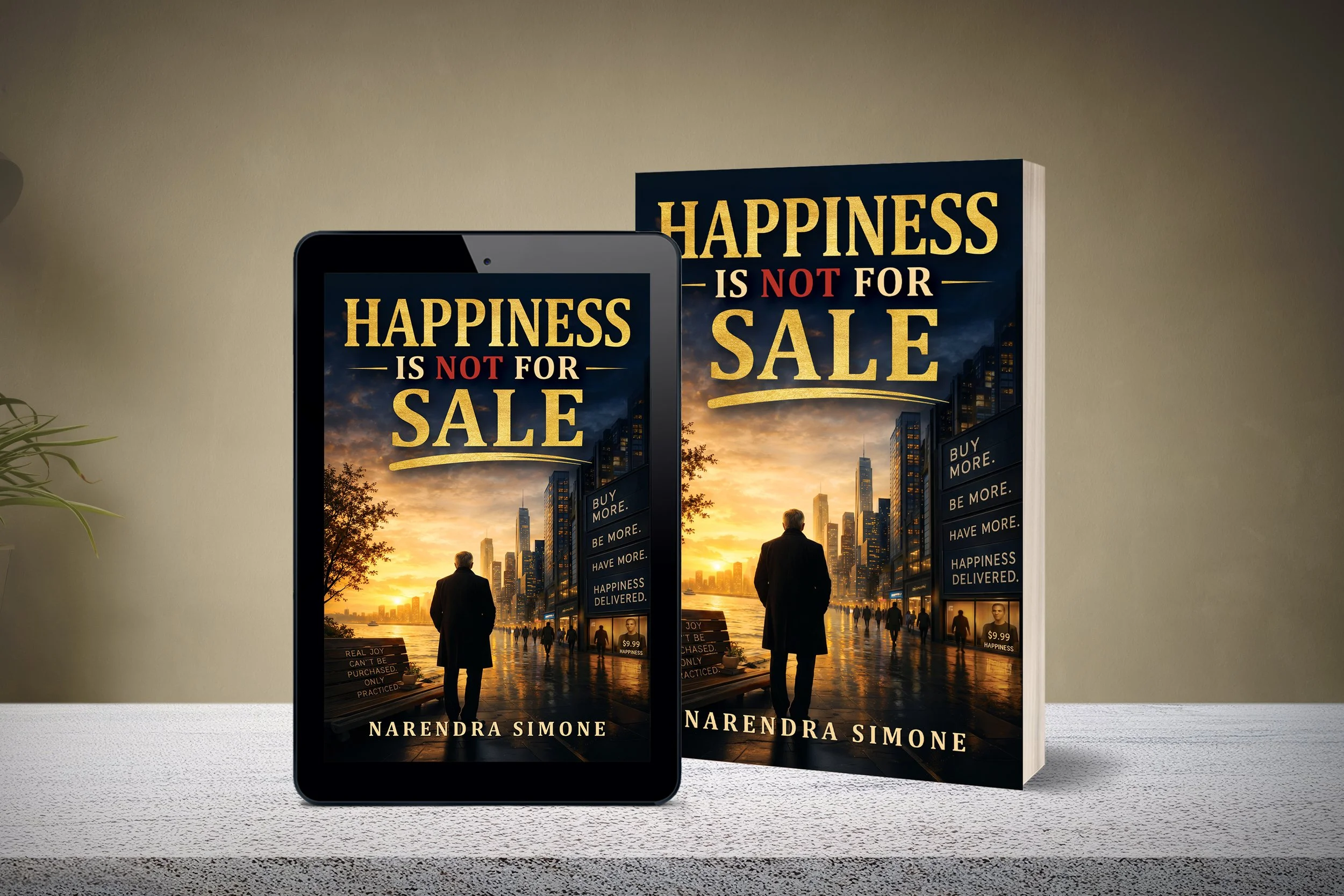 A book cover titled 'Happiness Is Not for Sale' by Narendra Simone, featuring a cityscape sunset with people walking along a waterfront promenade, and an image of a smartphone displaying the same book cover.