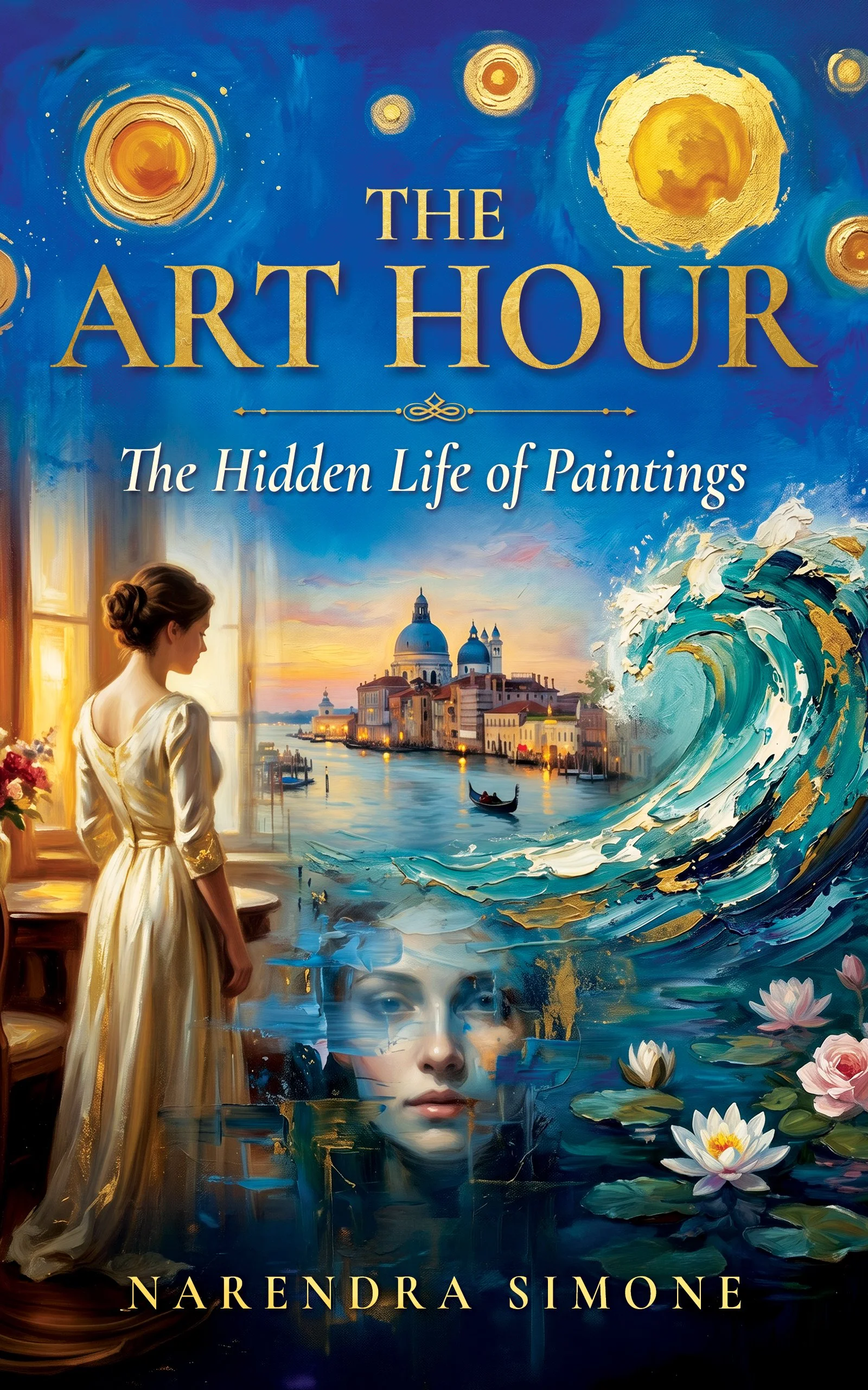 A book cover for 'The Art Hour: The Hidden Life of Paintings' by Narendra Simone. The cover features a woman in a cream-colored dress looking out a window at a scenic view of a city with domed buildings, a waterway, and a sunset. Surrounding the woman are vibrant swirling paintings and water lilies, with a large splash of blue and gold elements.