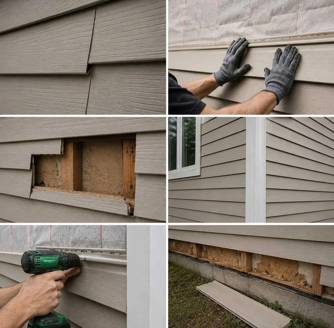 A person is installing beige vinyl siding on a house, measuring, drilling, and attaching panels, with some holes cut out for windows and other siding parts.