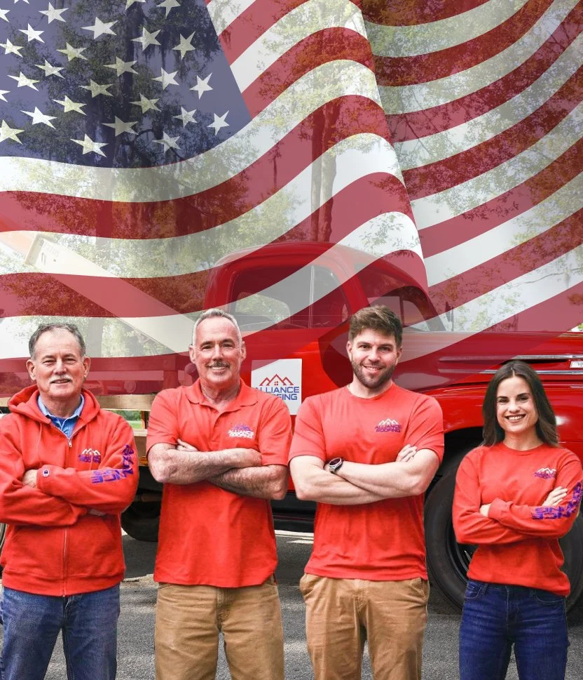 Alliance Roofing Team photo in front of a large American flag overlaid in the background.