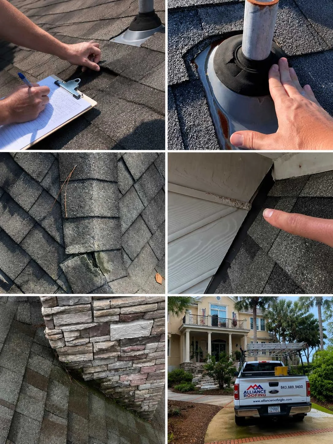 A collage showing roof inspection and repair. The photos include inspecting shingles, checking roof flashing, damaged shingles, siding, and a roofing company's truck parked at a house.