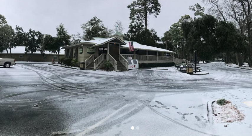 Palmetto Dunes store roof covered with ice during hilton head snowy winter
