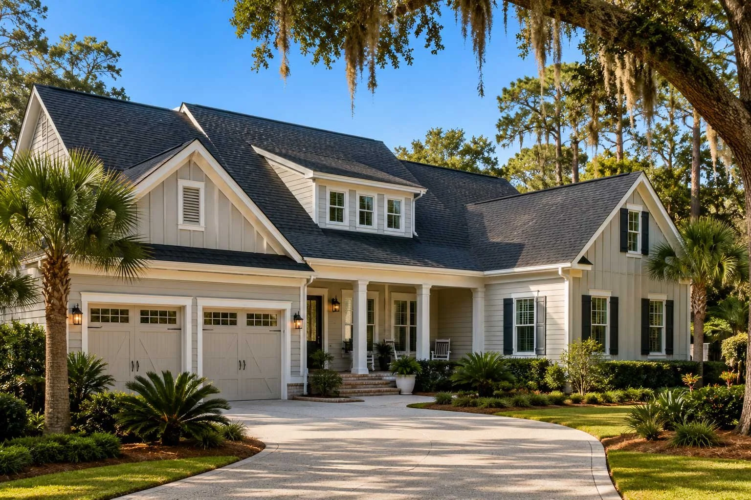 A large white house with dark roof and black shutters, surrounded by lush greenery and palm trees, with a curved driveway leading to the garage and front porch.