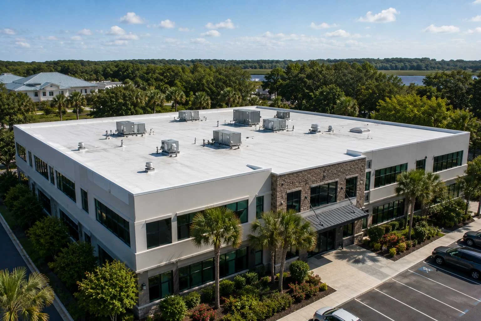 Aerial view of a modern, two-story office building with a white flat roof, solar panels, and air conditioning units, surrounded by greenery, parking lot, and nearby water and trees.