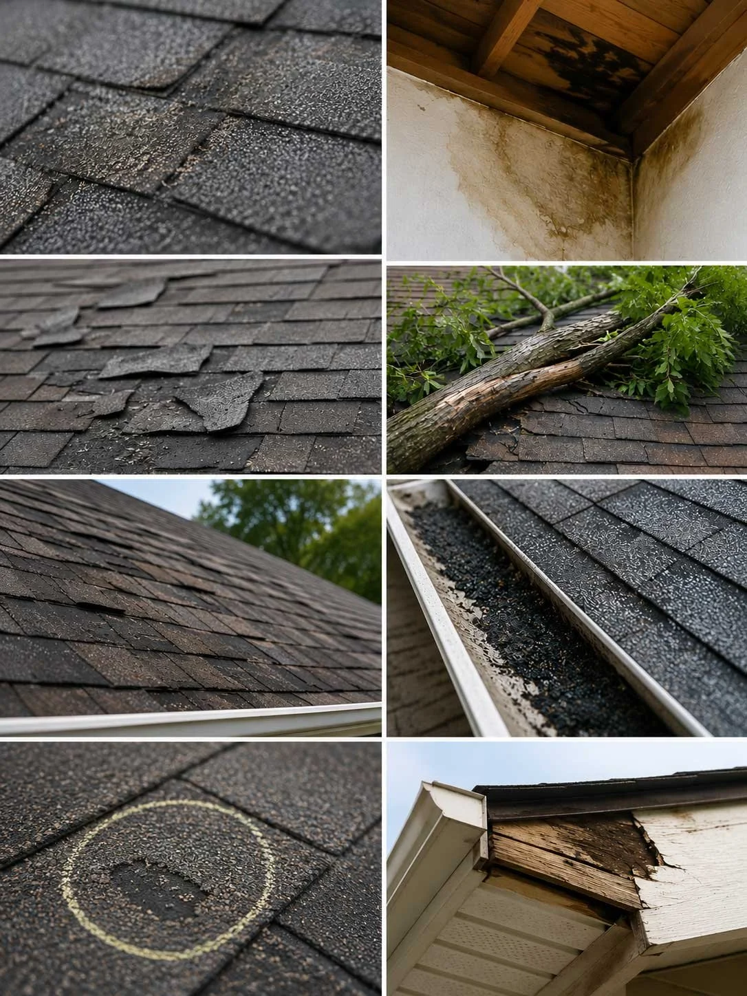 A collage of damaged roofing shingles, a moldy attic corner, a fallen tree on a roof, and a damaged gutter with a water circle drawn on a shingle.