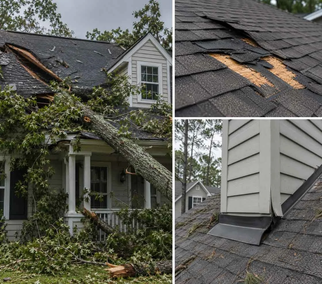 A large tree has fallen onto a house, causing damage to the roof and front porch, with shingles and debris scattered.