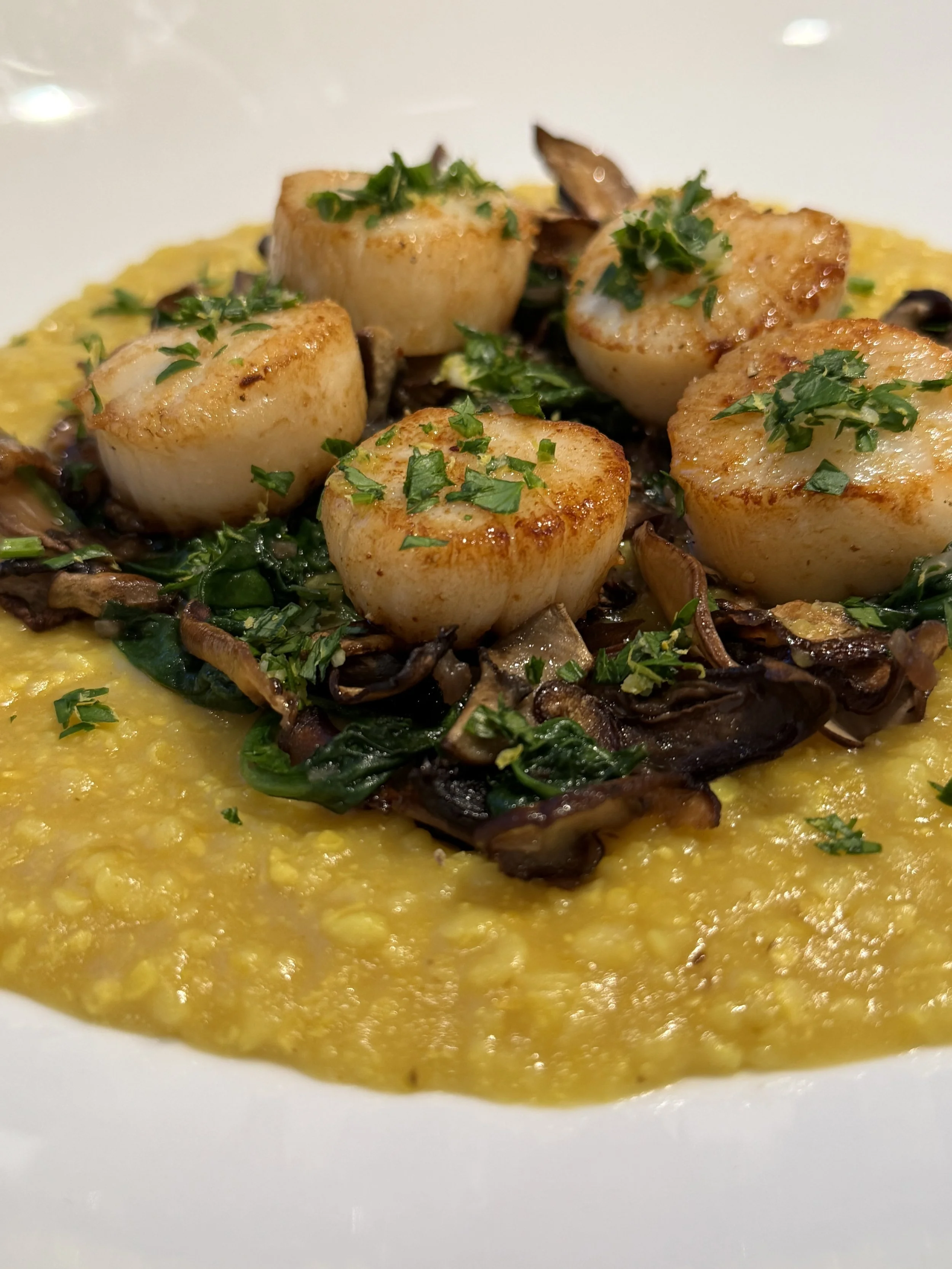 Scallops with Mushrooms and Spinach over Creamy Polenta