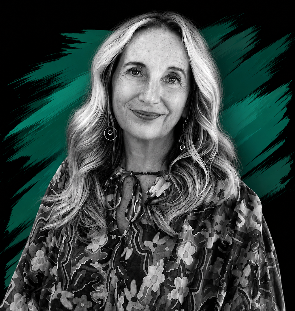 A black and white portrait of a woman with long wavy hair, wearing earrings and a floral patterned blouse, against a stylized green and black background.