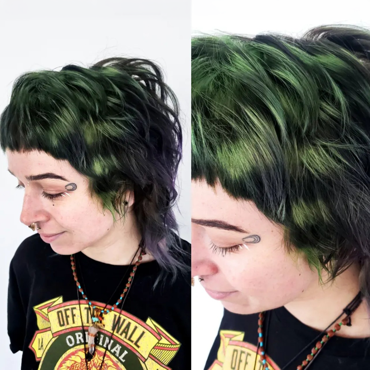 Side-by-side photos of a woman with short, layered hair dyed black with green highlights. She has piercings on her nose and eyebrow, and is wearing a black t-shirt with a graphic design, and necklaces.