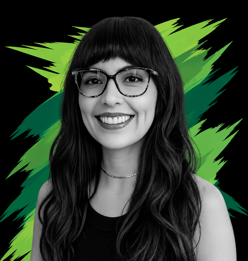Black and white portrait of a smiling young woman wearing glasses and a choker necklace, with a colorful abstract background.