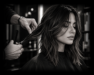 A woman getting her hair styled at a salon, with a stylist working on her hair.