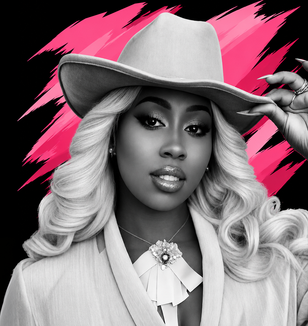 Black-and-white portrait of a woman with long wavy hair wearing a large hat and a decorative necklace, with a pink abstract background.