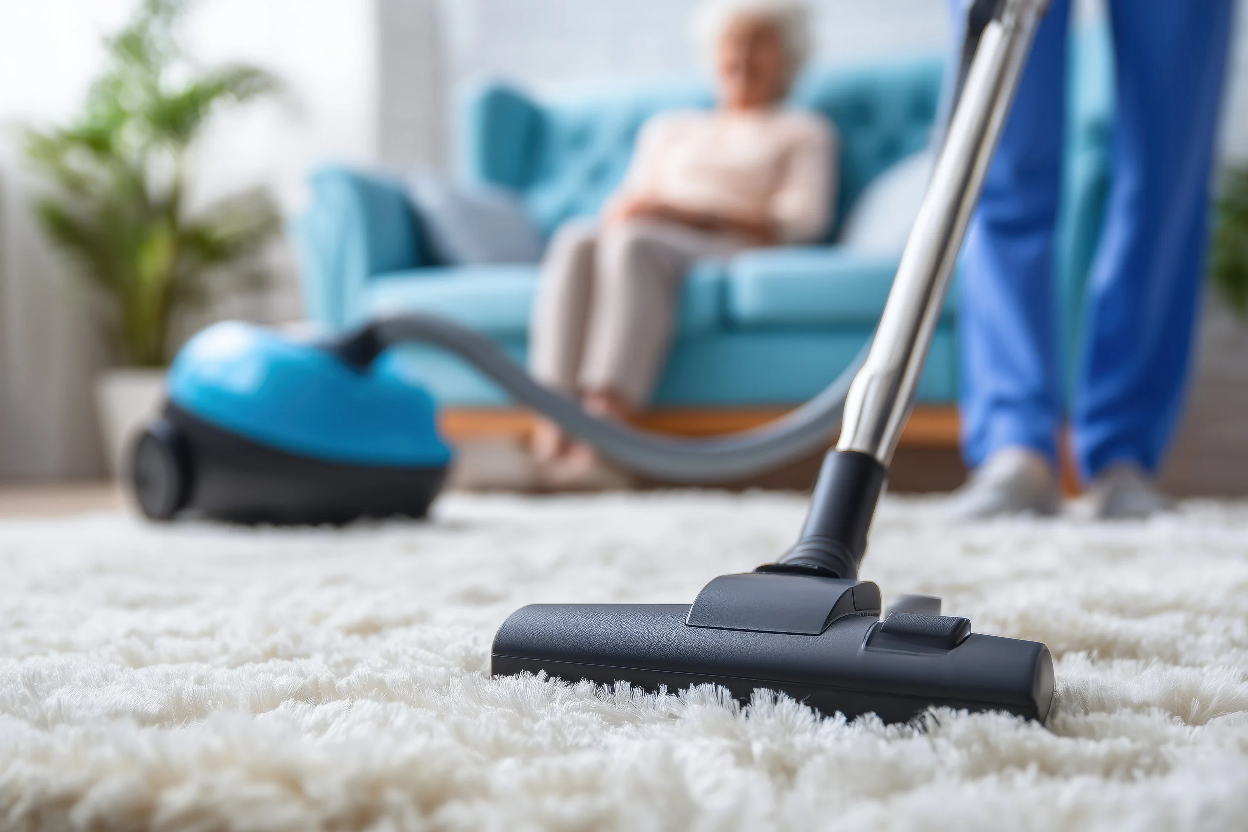 Close-up of a black and gray vacuum cleaner nozzle on a white shag rug. In the background, a blurred elderly woman is sitting on a blue couch with a laptop, and a person in blue scrubs is visible.