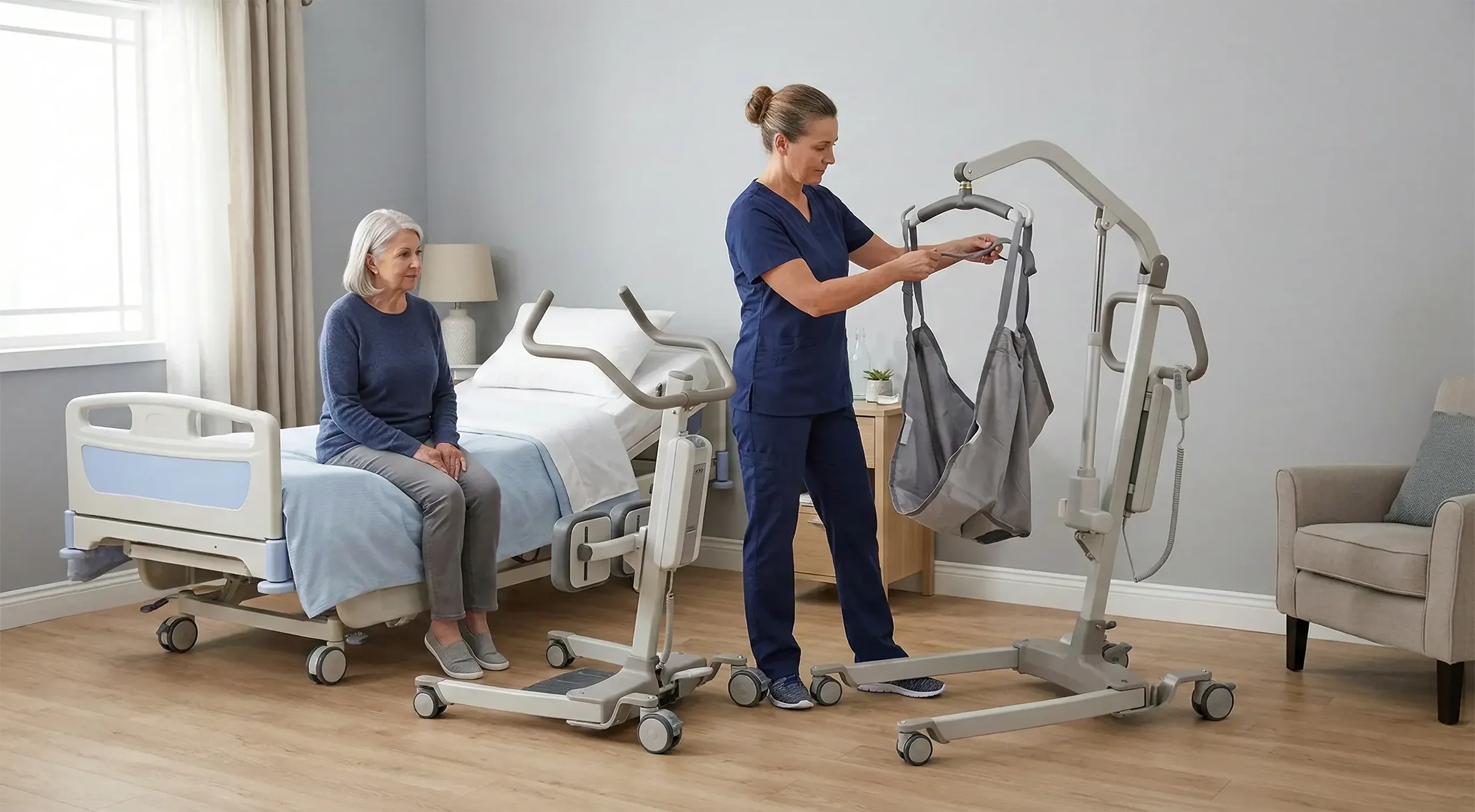 A healthcare worker assisting an elderly woman in a hospital room with a lift device.