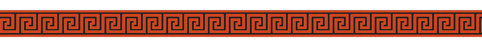 A decorative border with a Greek key pattern in shades of red and black.